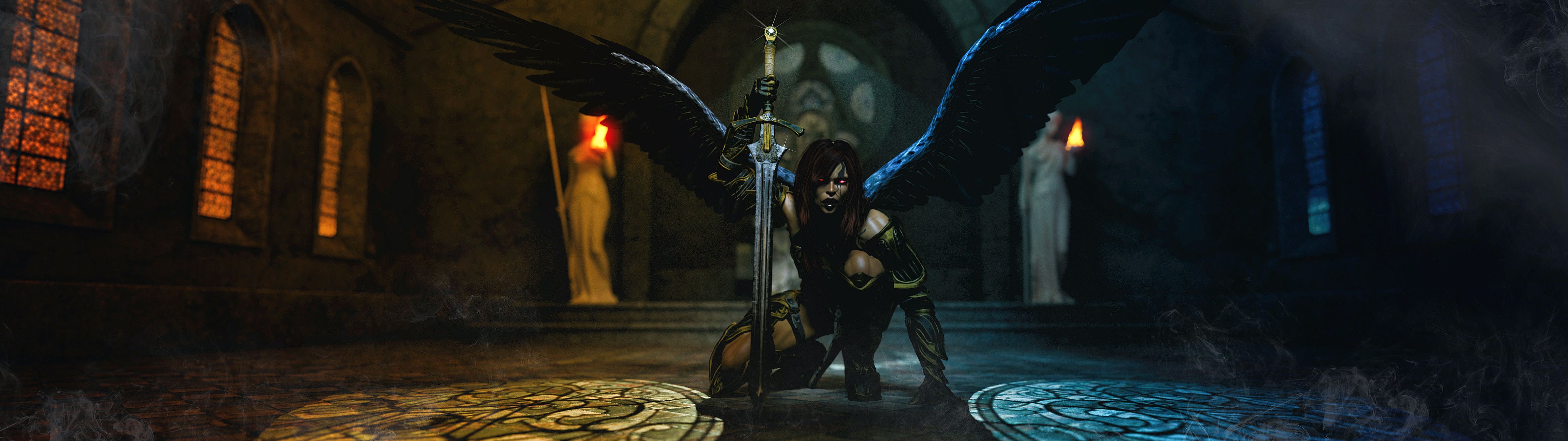 5120x1440 Wallpaper girl, wings, the demon, temple, darkness. for mobile and desktop, section фантастика, resolution 5120x1440