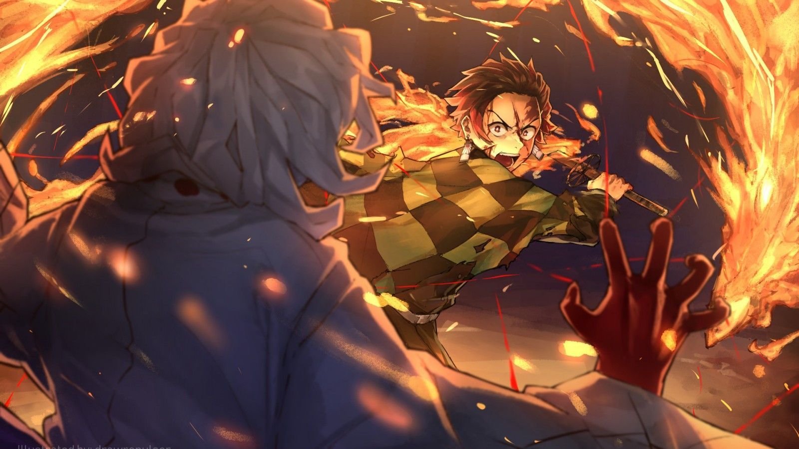 1600x900 Demon Slayer Tanjiro Kamado Fighting Around Fire HD Anime Wallpaper