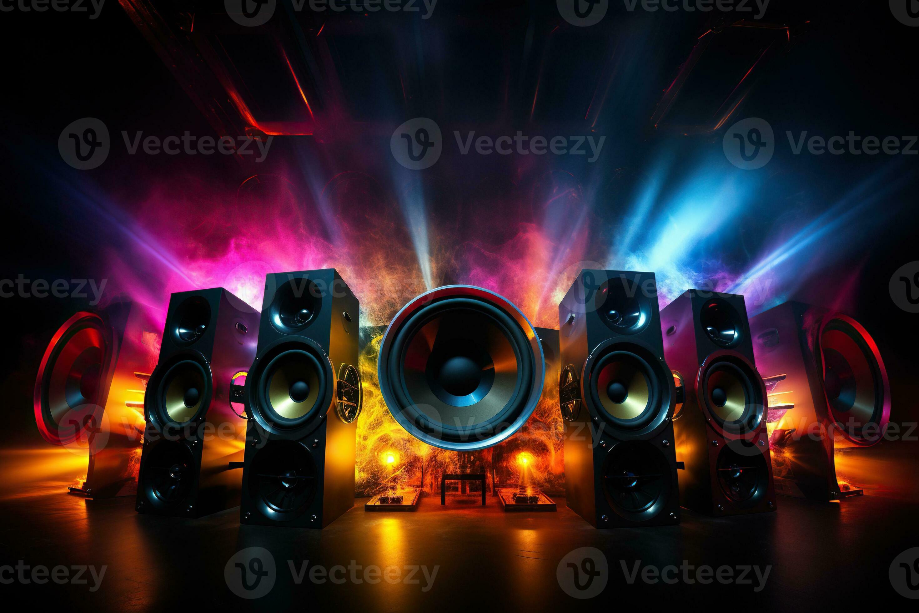 2940x1960 Multimedia acoustic speakers with neon lighting. Sound audio system in the bright rays of spotlights
