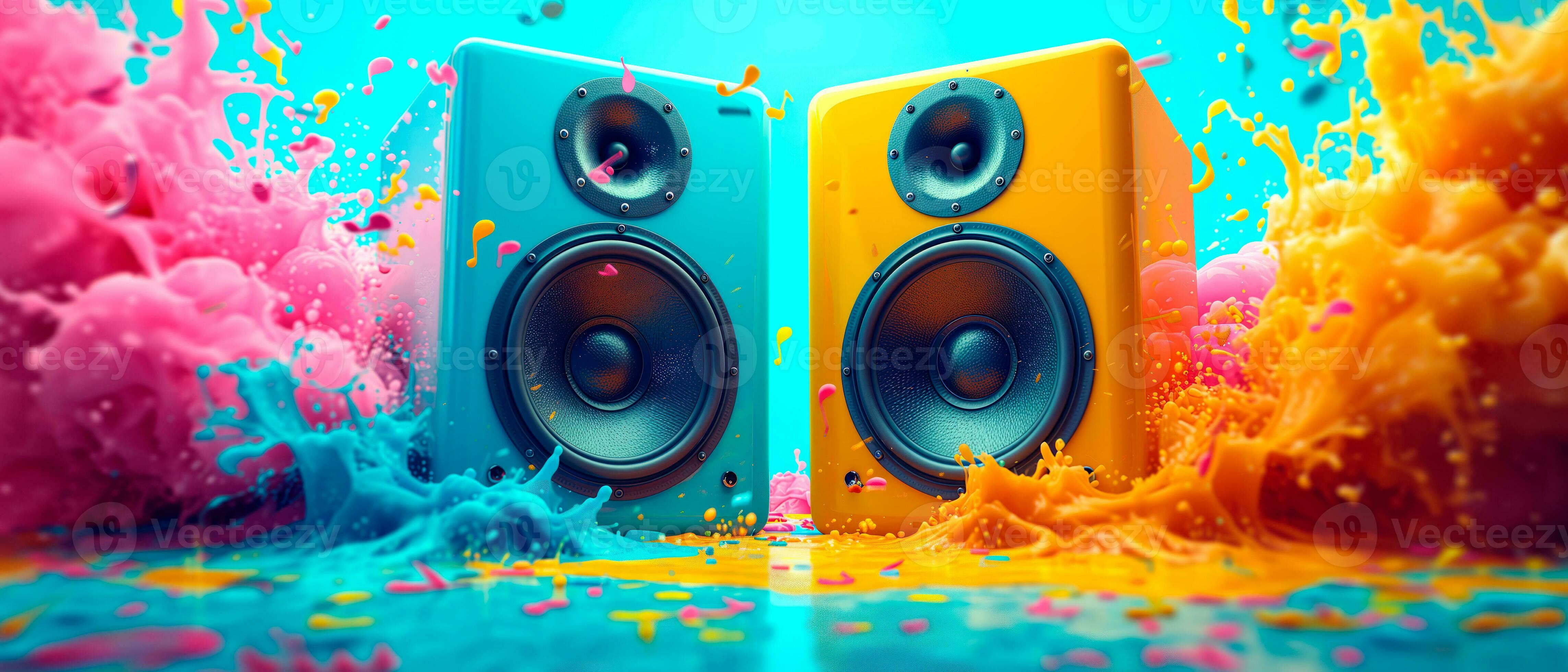 4573x1960 AI generated Speaker system for music in colorful background. Sound and audio equipment