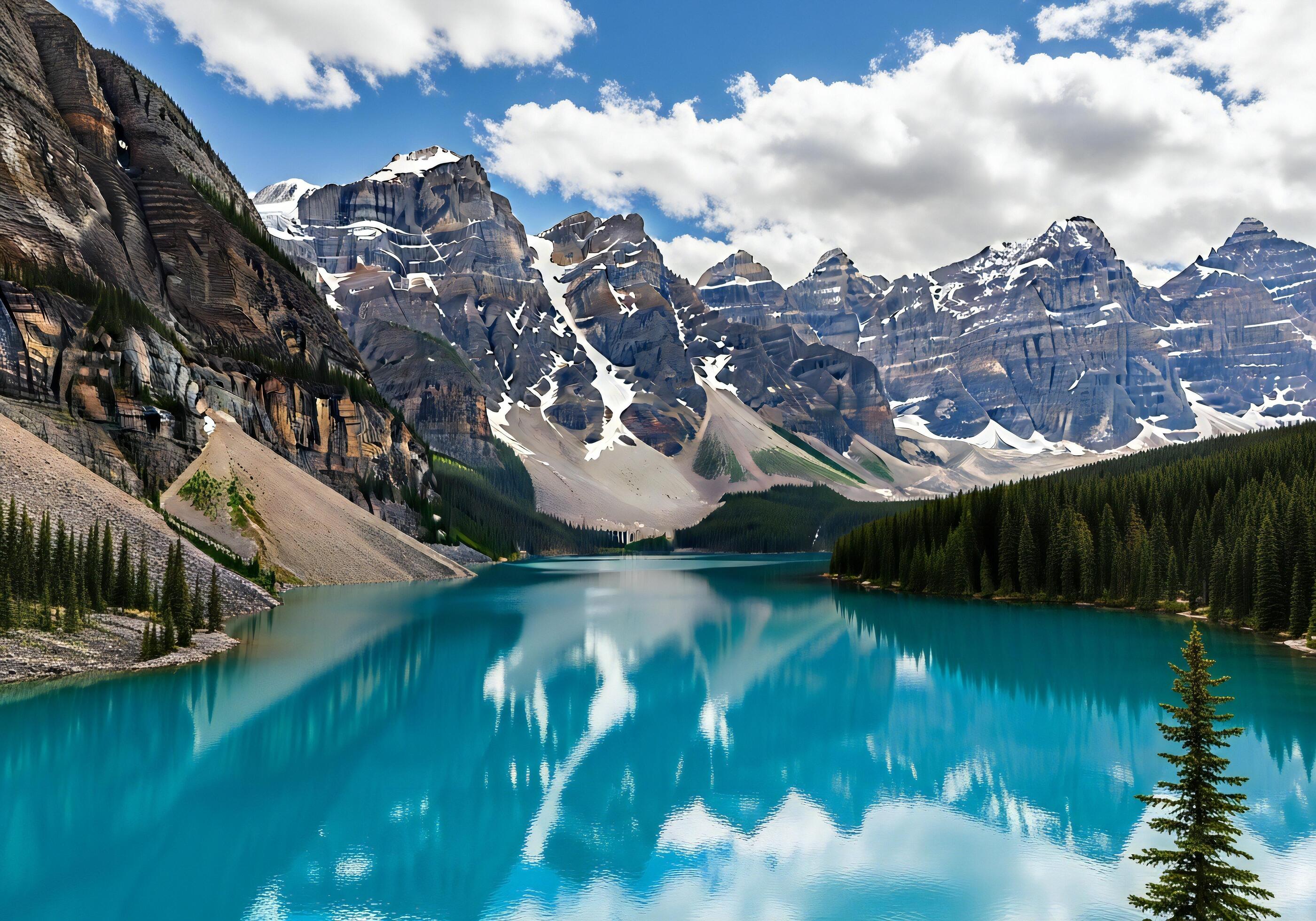 2800x1960 Nature background, Nature wallpaper, Majestic snow capped mountains overlook a vibrant turquoise lake with reflections and a dense pine forest