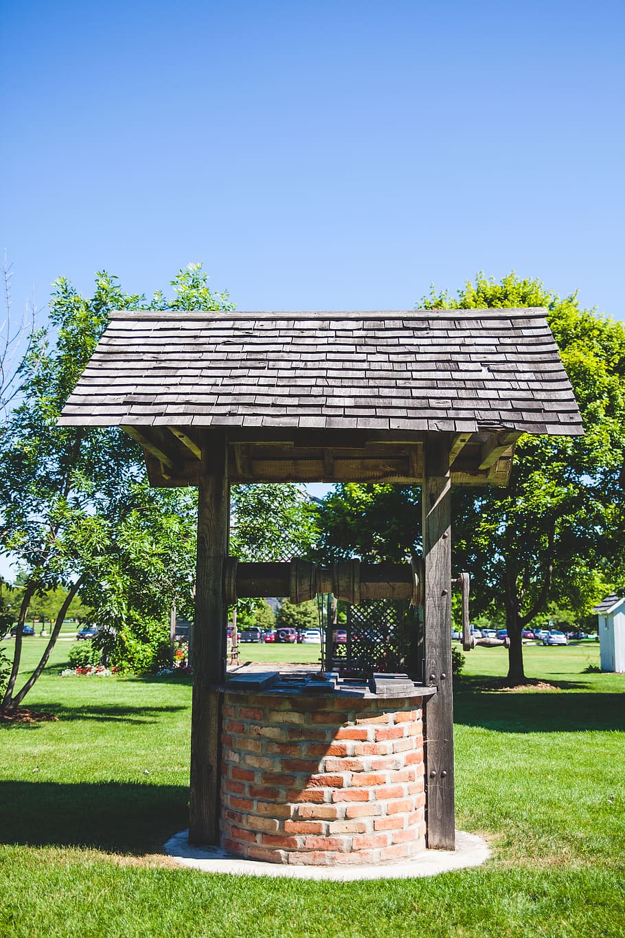 910x1365 HD wallpaper: well, wishing well, old, wood, roof, green, outdoor, brick