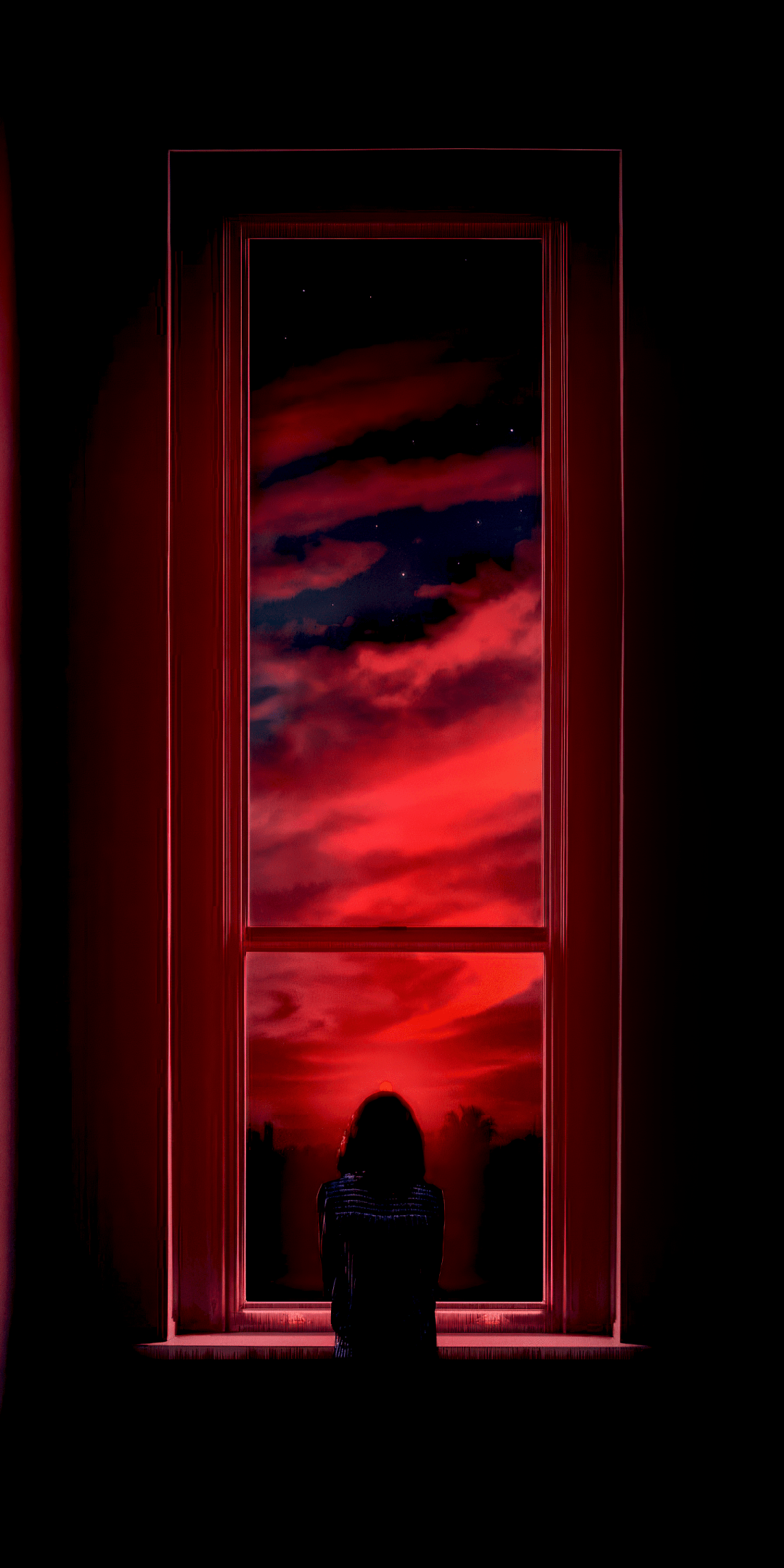 1080x2160 Night sky Wallpaper 4K, Window, Dark aesthetic, Dark red