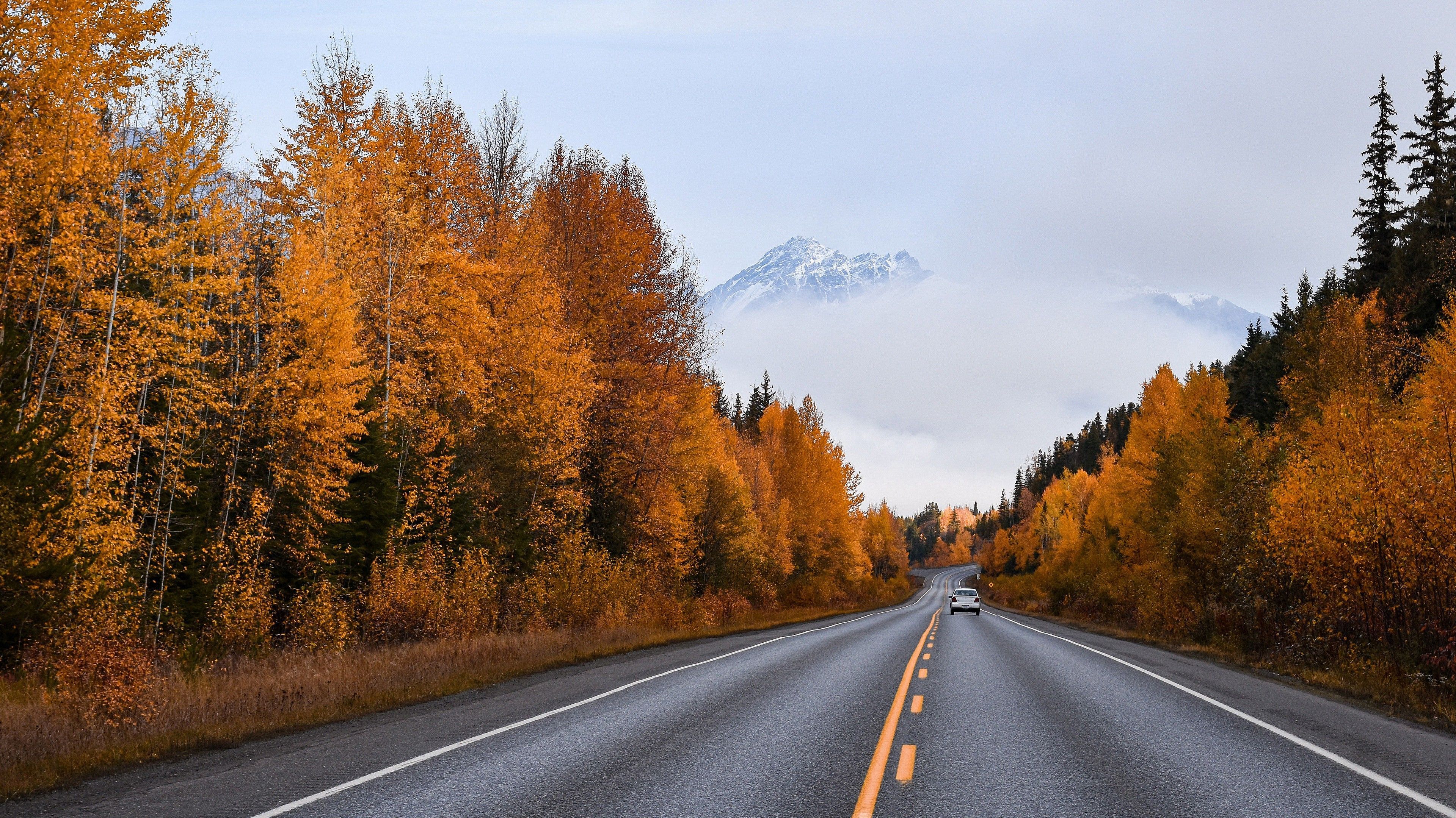 3840x2160 Car On Forest Road With Background Of Foggy Mountain 4K HD Nature Wallpaper