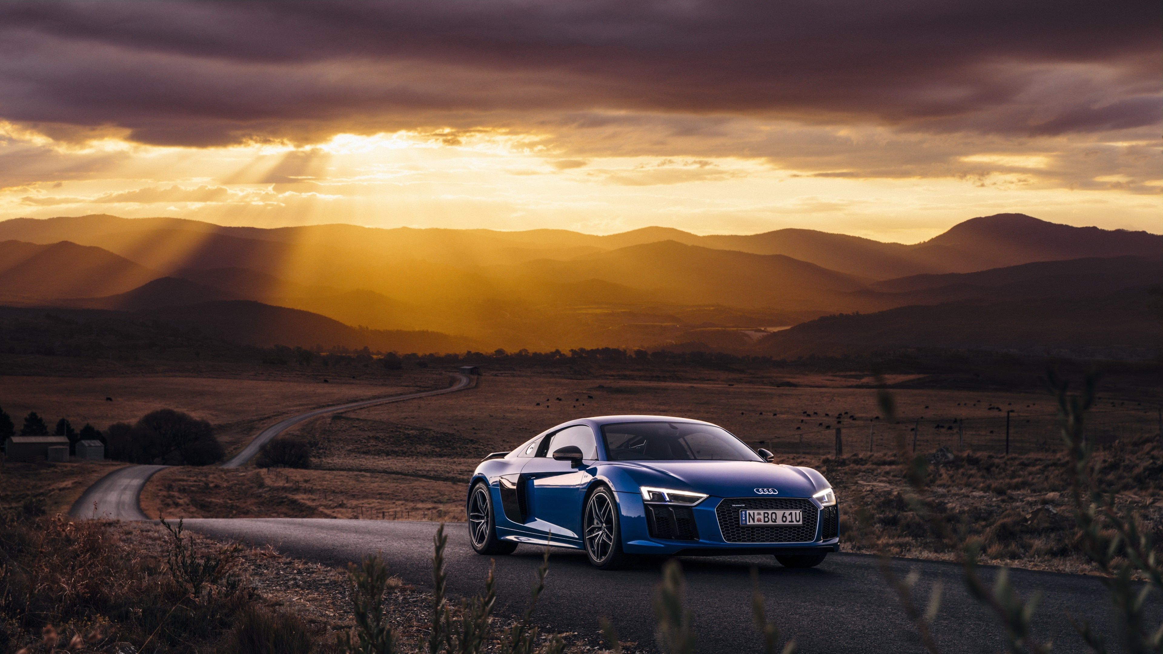 3840x2160 landscape, mountains, sunset, nature, car, blue cars, plants, vehicle, field, road, clouds, sunrise, hills, evening, morning