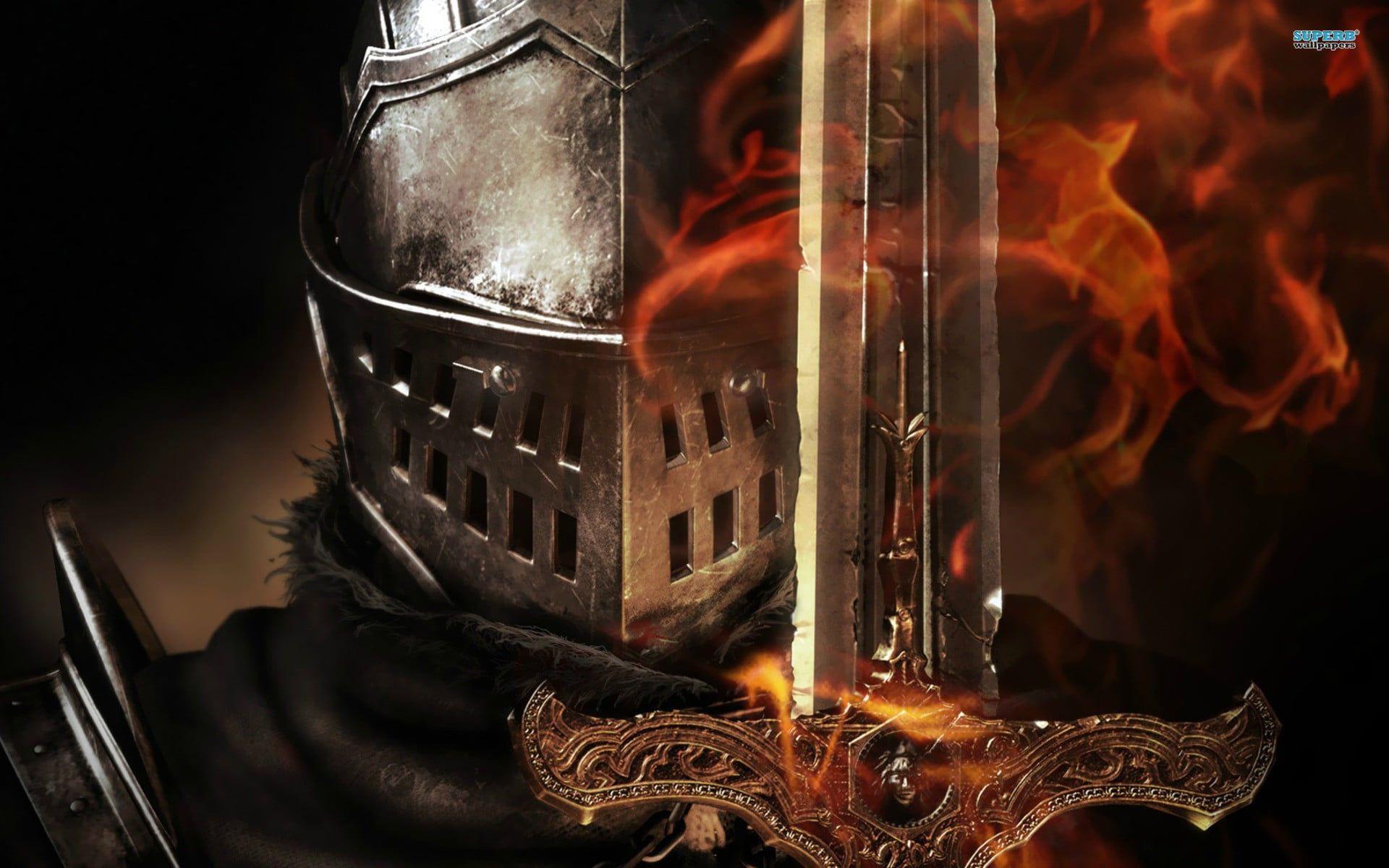 1920x1200 Knight holding swords on fire HD wallpaper