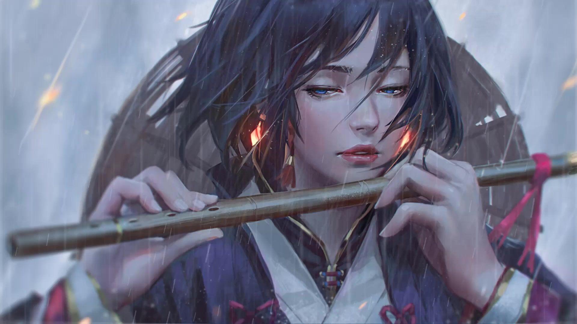 Wallpaper grey background, flute, red eyes, long hair, red ribbon, black  magic, Chinese clothing, Mo Dao Zu Shi for mobile and desktop, section  сёнэн, resolution 1920x1080 - download