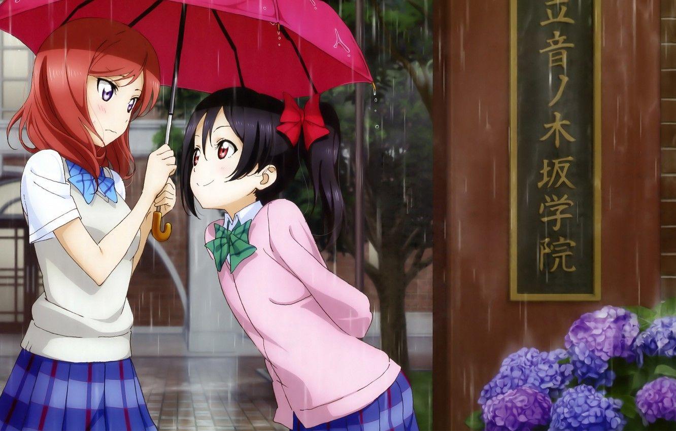 1332x850 Wallpaper girls, rain, umbrella, anime, art, Schoolgirls, yazawa