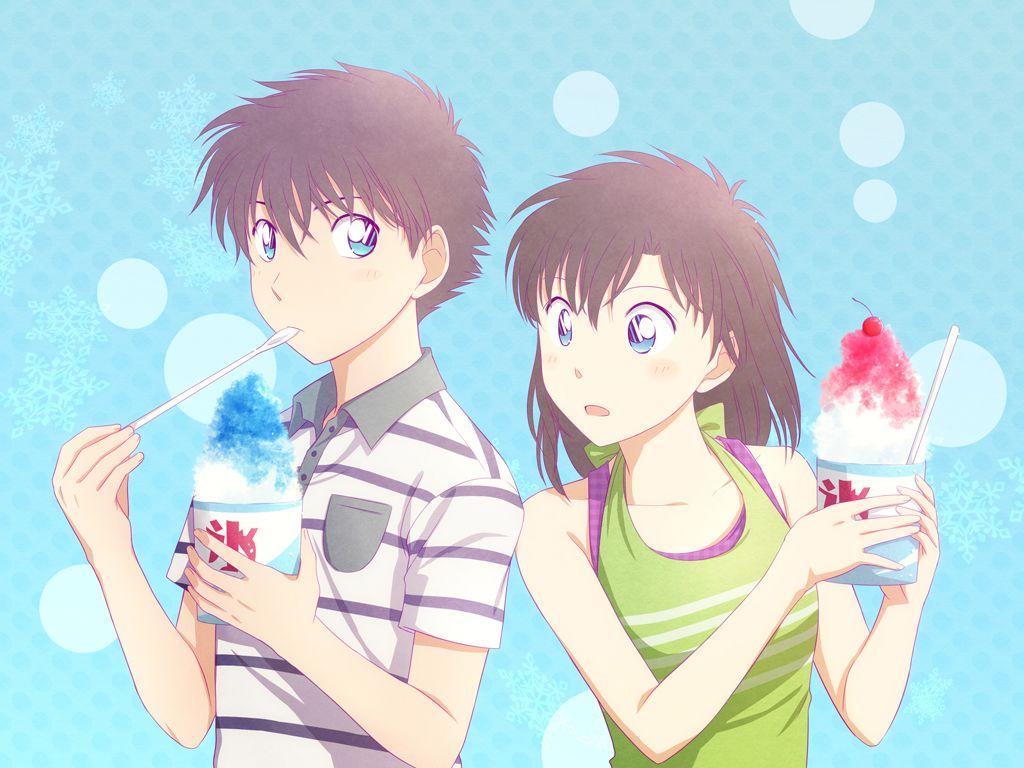 1024x768 arya (artist) blue eyes brown hair cherry food fruit kuroba kaitou