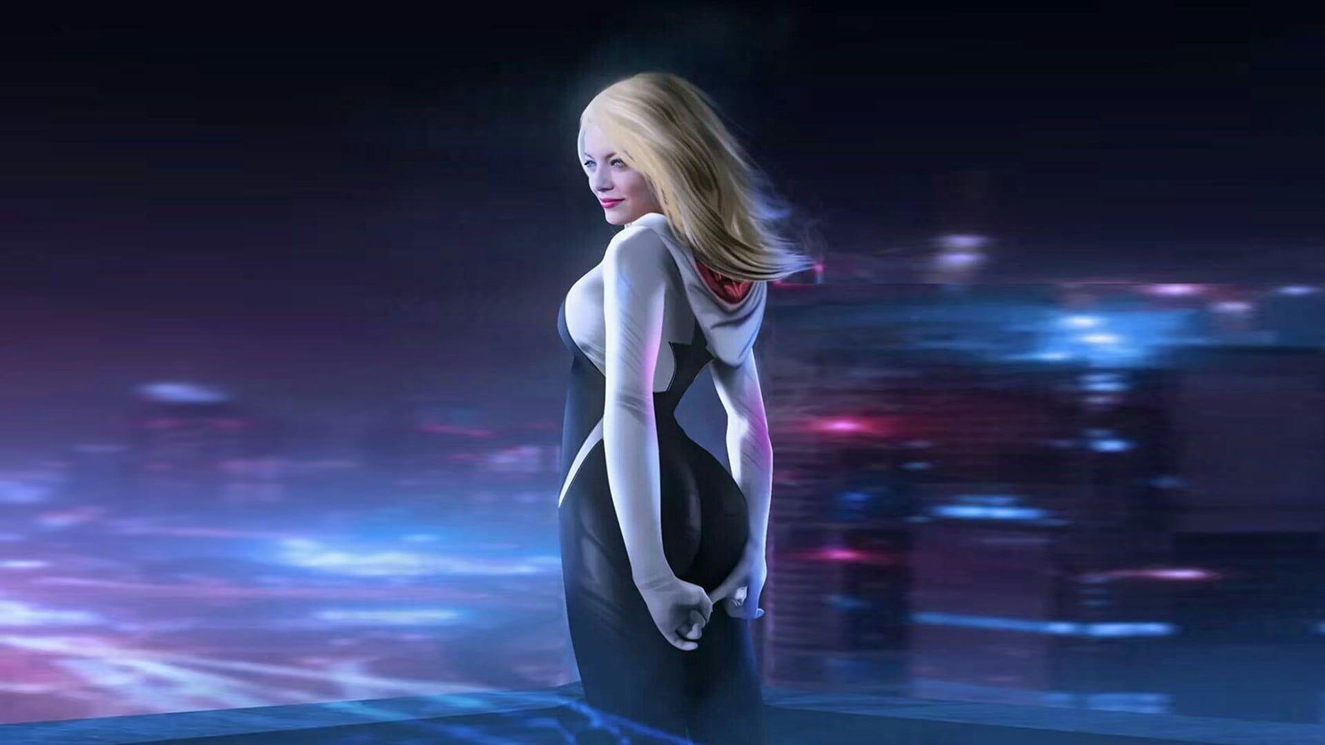 1920x1080 Woman In Black And White Dress Character, Spider Gwen, Emma Stone