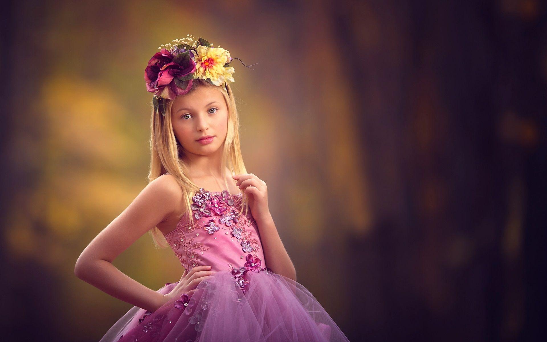 1920x1200 Cute little girl, wreath, purple dress wallpaper. cute