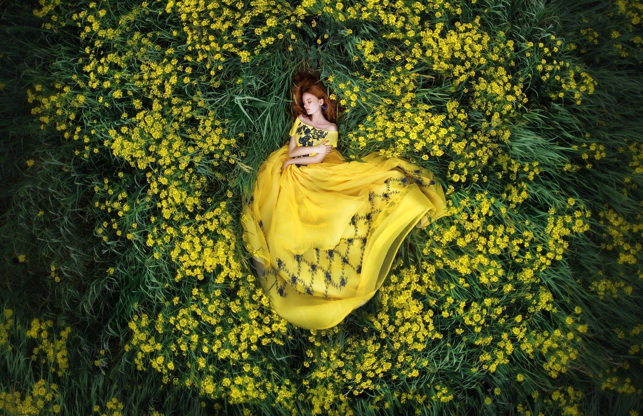2160x1400 Women Mood Model Woman Redhead Yellow Flower Lying Down Yellow