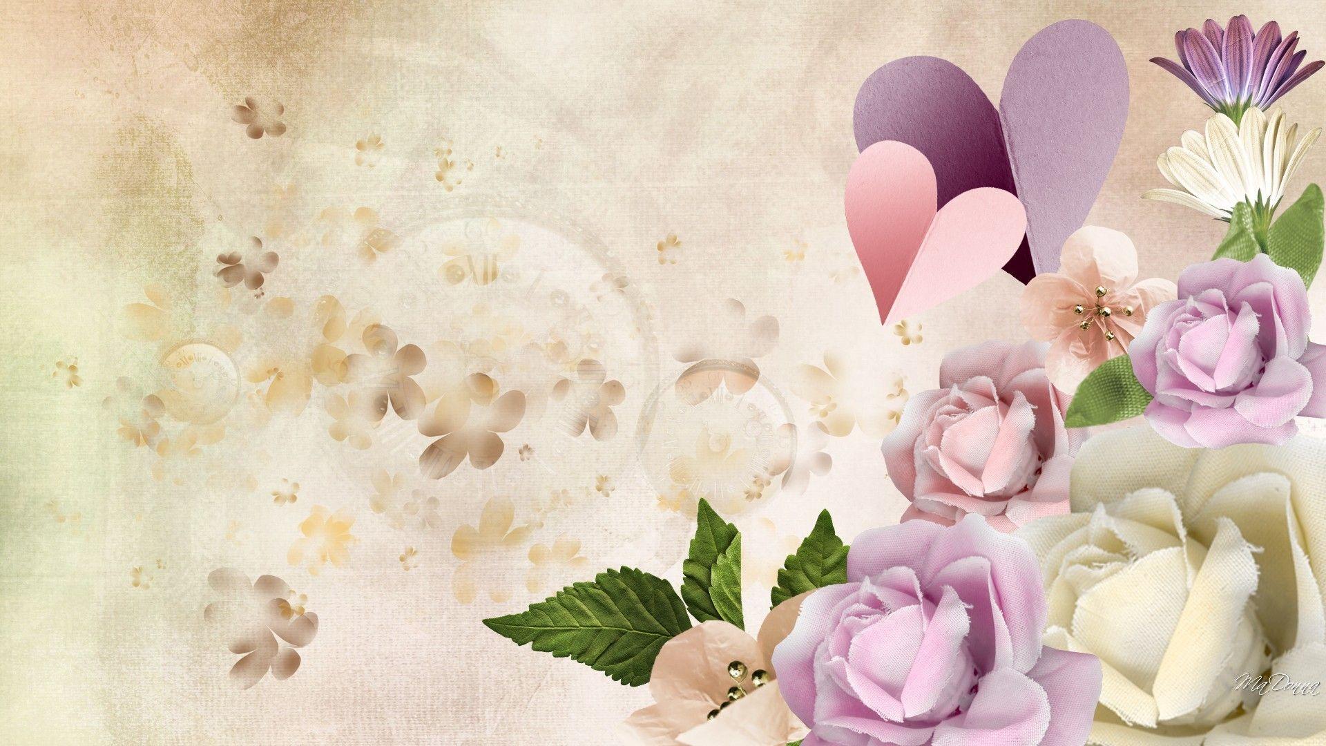 1920x1080 Flower: Rose Time Flowers Hearts Vintage Clock Soft Roses Valentines
