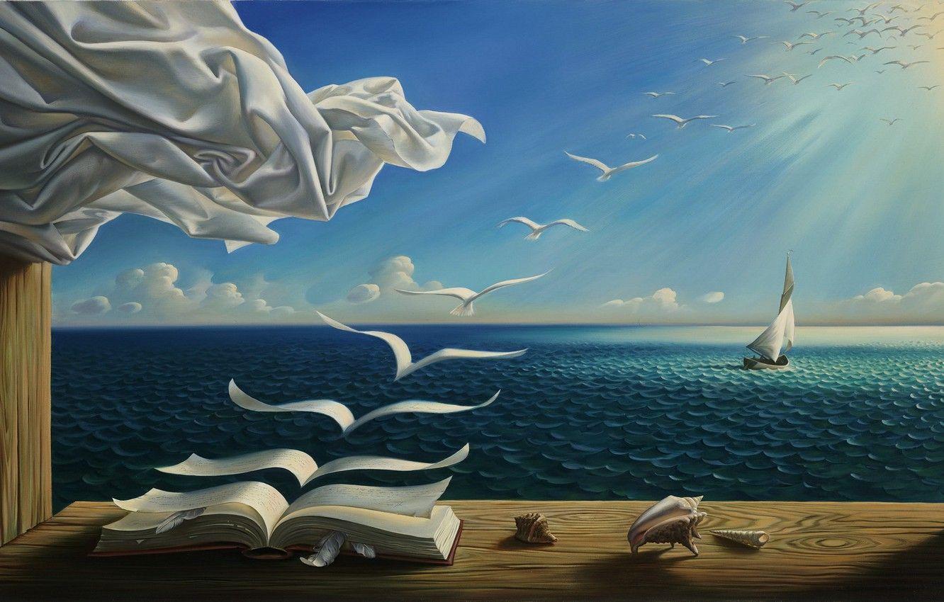 1332x850 Wallpaper sea, wave, clouds, birds, picture, horizon, window, sail