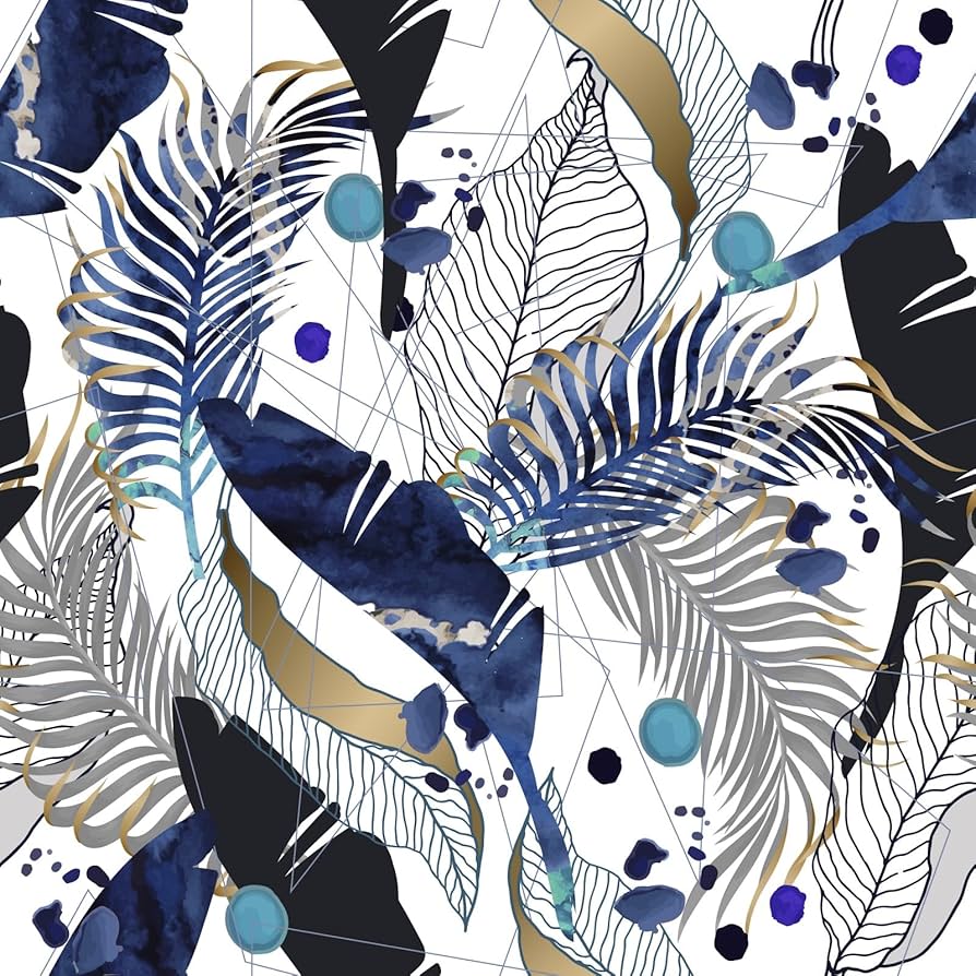 894x894 Black Blue Gold Peel And Stick Tropical Leaf Self Adhesive Waterproof Removable Decorative Vinyl Easy Peel Off Stick On Wallpaper For Living Room Bedroom Cabinets 17.71 X 118.1