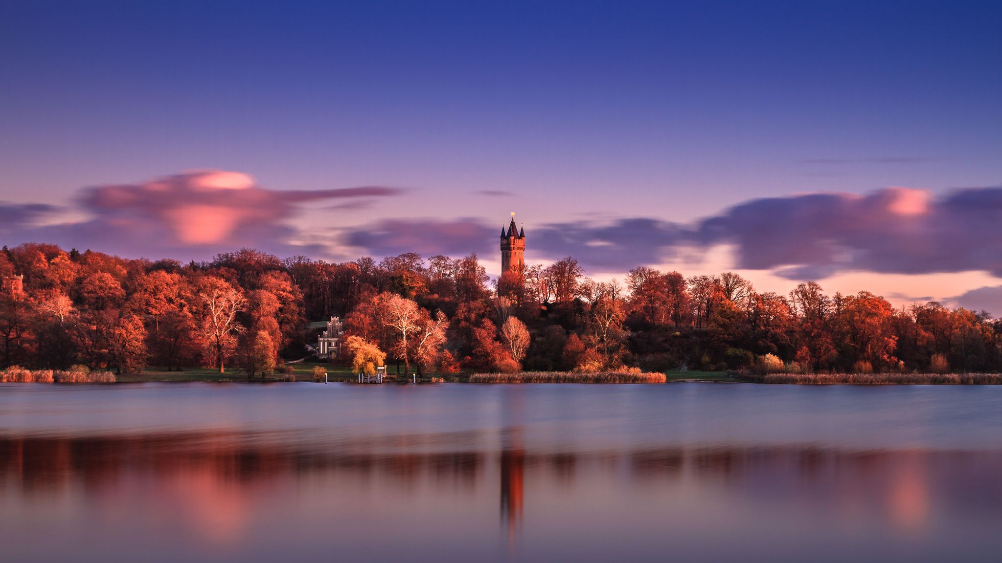 2048x1152 Wallpaper the sky, clouds, trees, Park, reflection, river, Germany, Potsdam for mobile and desktop, section природа, resolution 2048x1152