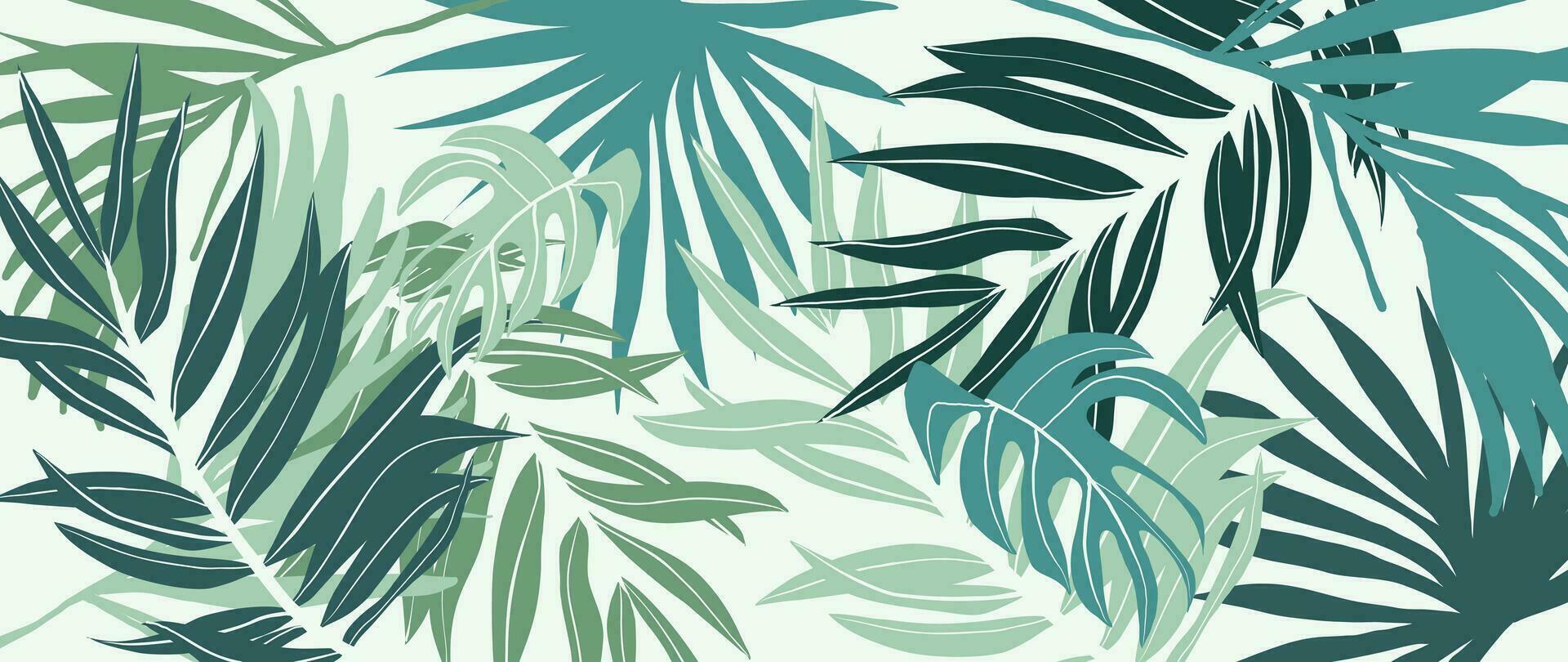 1920x810 Abstract foliage botanical background vector. Green watercolor wallpaper of tropical plants, palm leaves, leaf branches. Foliage design for banner, prints, decor, wall art, decoration, fabric
