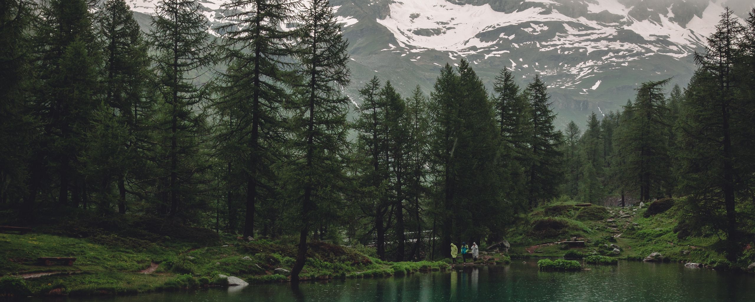 2560x1024 Download wallpaper 2560x1024 lake, mountains, trees, rain, nature ultrawide monitor HD background