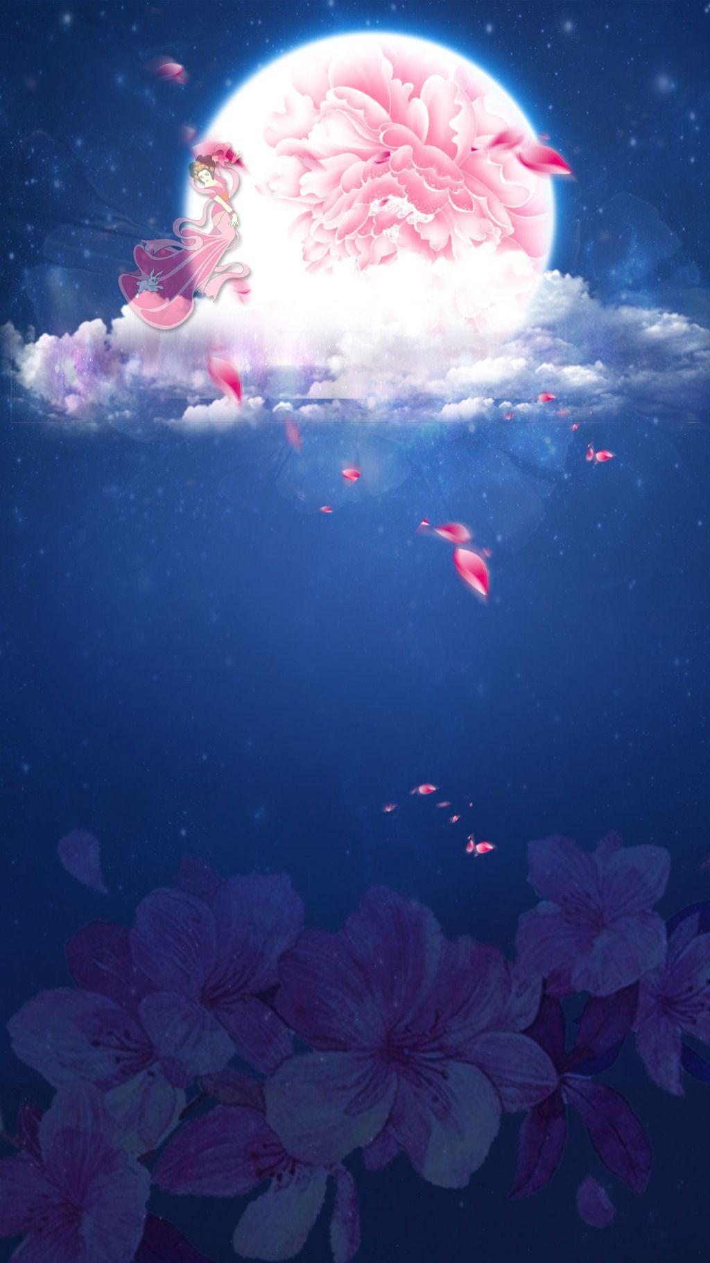 1024x1820 Pink flowers Moon mid autumn H5 Background. Mid autumn festival