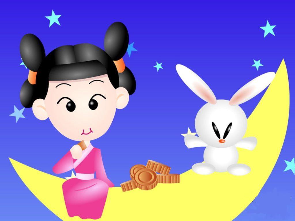 1024x768 Mid Autumn Festival, woman sitting on moon beside rabbit wallpaper