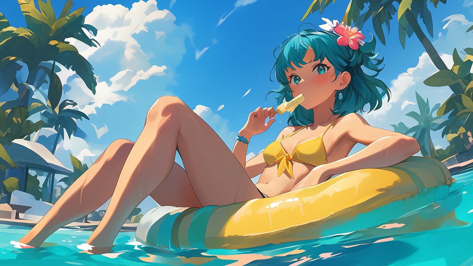 1536x864 Anime Girl on Swimming Circle Summer Desktop Wallpaper in 4K