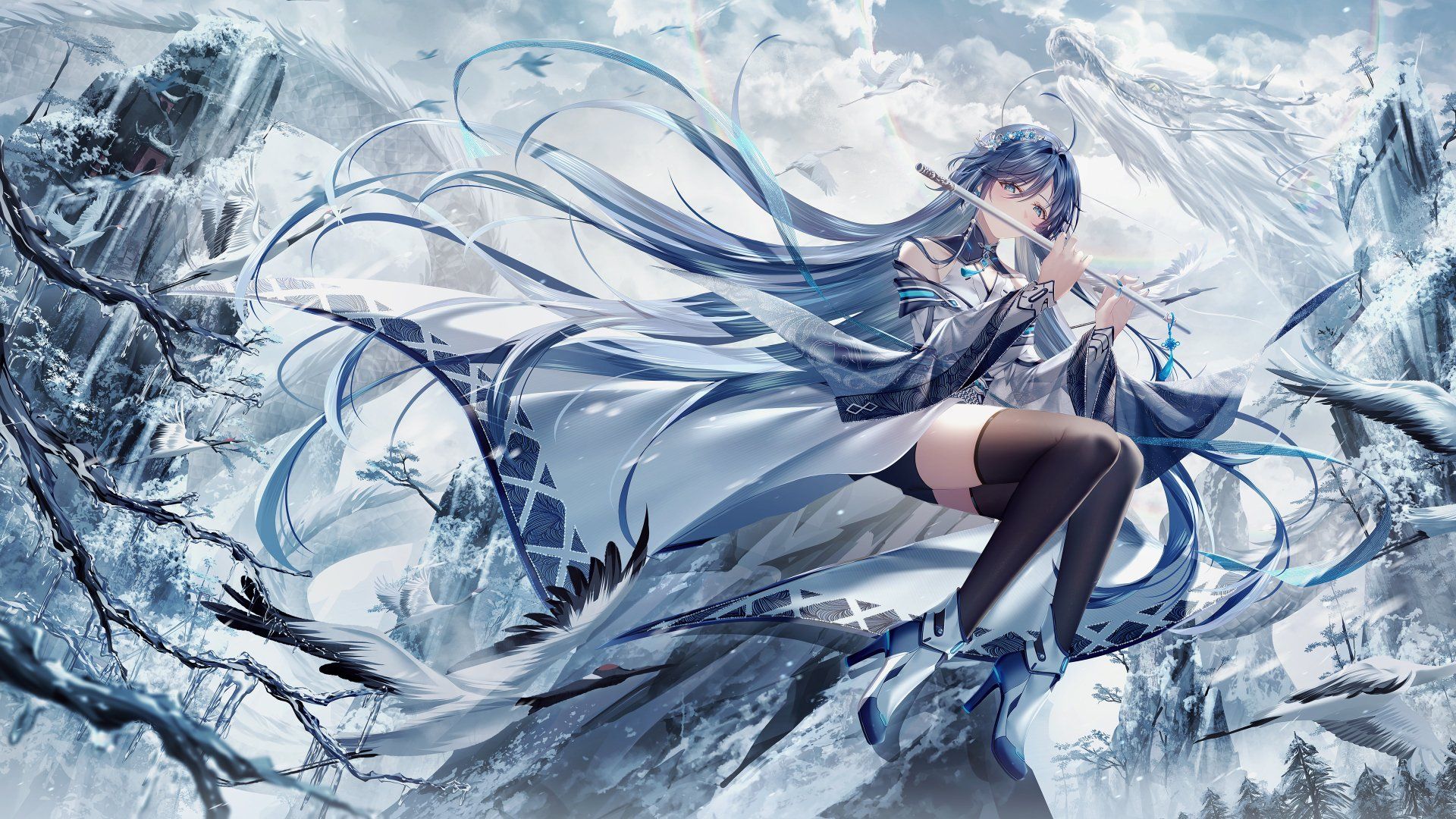1920x1080 4K Ultra HD Anime Girl with Blue Hair Playing Flute Amidst Frozen Peaksx2160