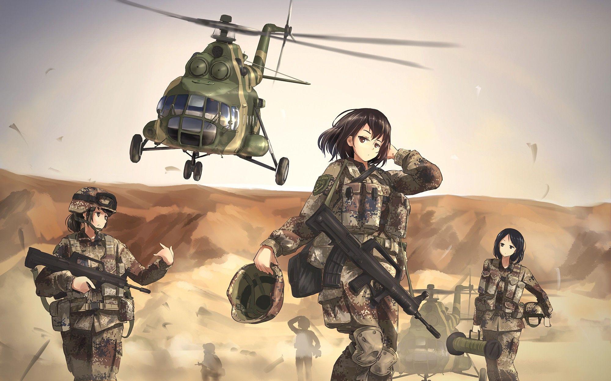 2000x1250 #women, #anime girls, #military, #TC #girls with guns