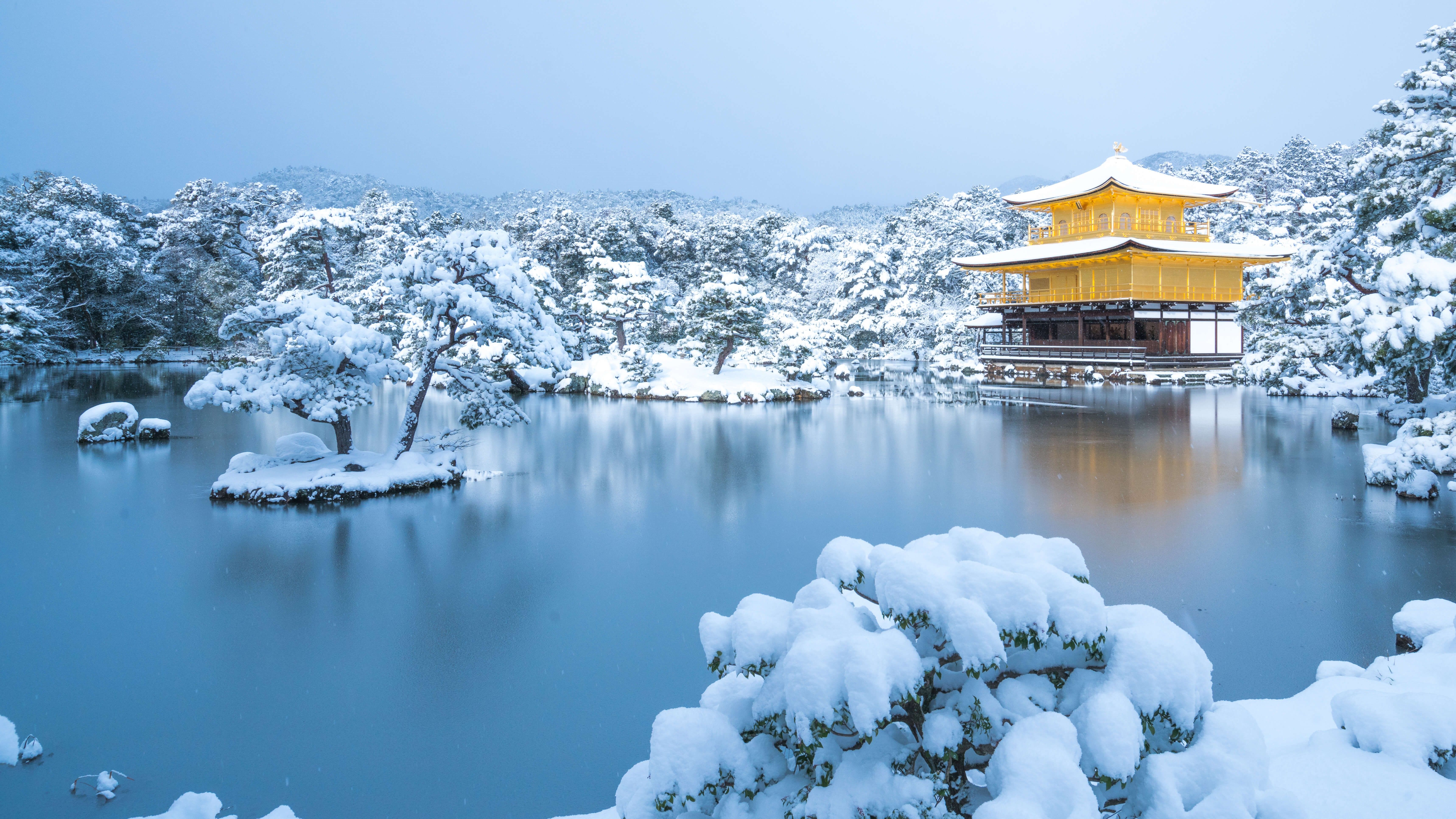 6865x3861 4K, Lake, Japan, Asia, Kyoto, Nature, Building, Kinkaku Ji, Ice, Snow, Trees, Water, Winter, Cold, HD Wallpaper