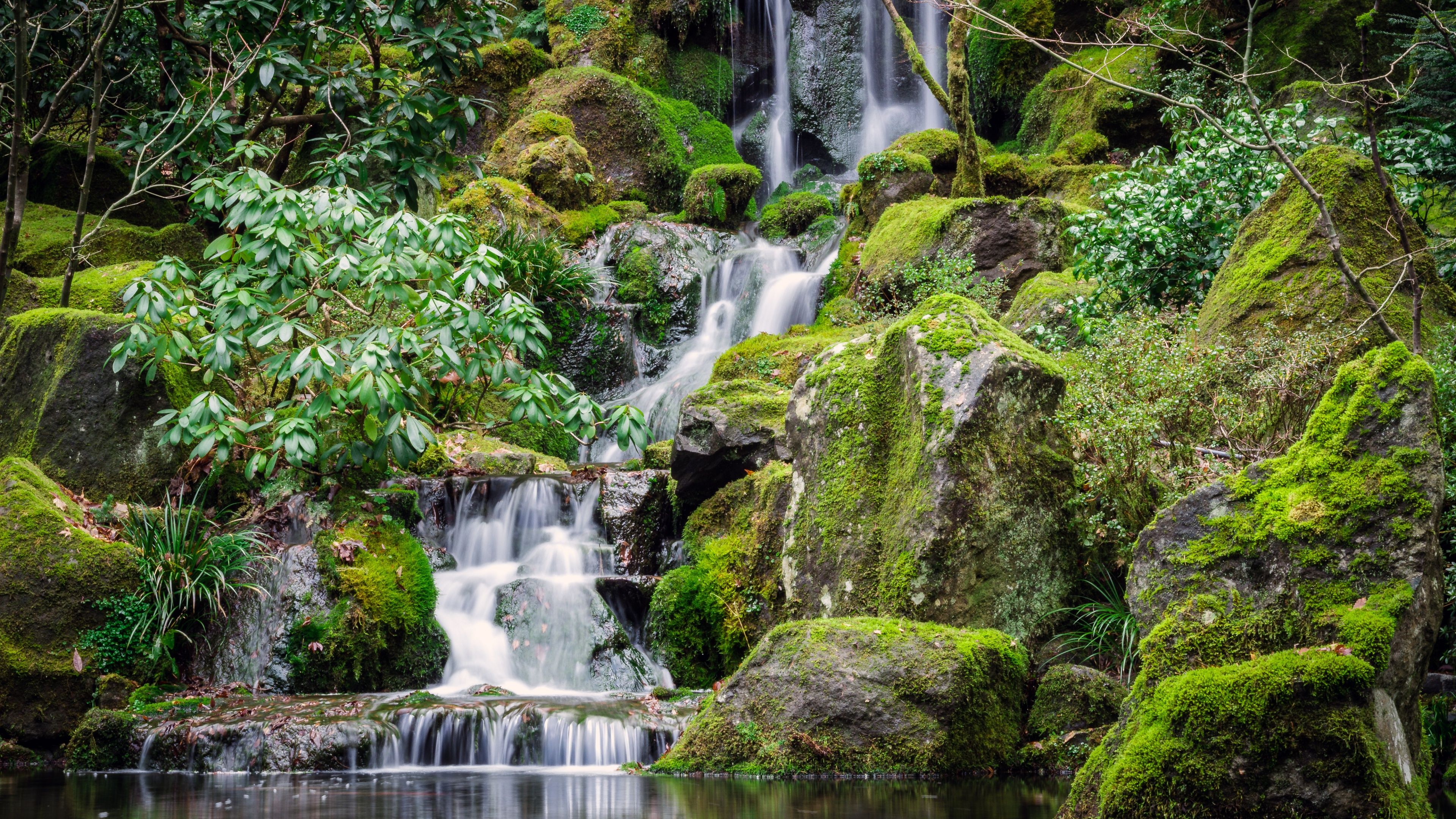3840x2160 Portland Japanese Gardens Wallpaper 4K, Waterfalls, Green Moss