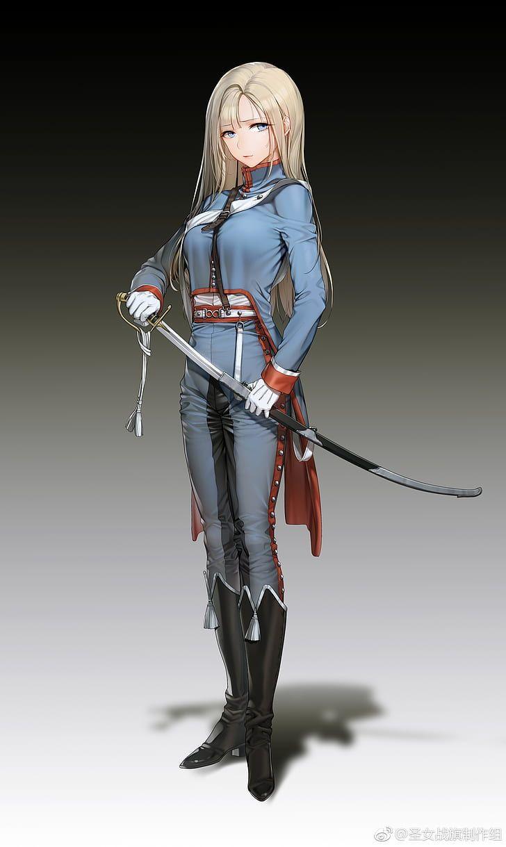 728x1219 HD wallpaper: uniform, women, sword, military, blonde, blue eyes