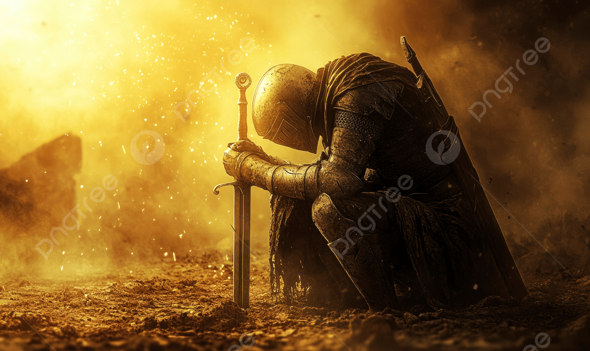 1200x715 A Knight Kneeling In The Dirt His Sword On Ground Next To Him Golden Light Shining From Behind Photo And Picture For Free Download