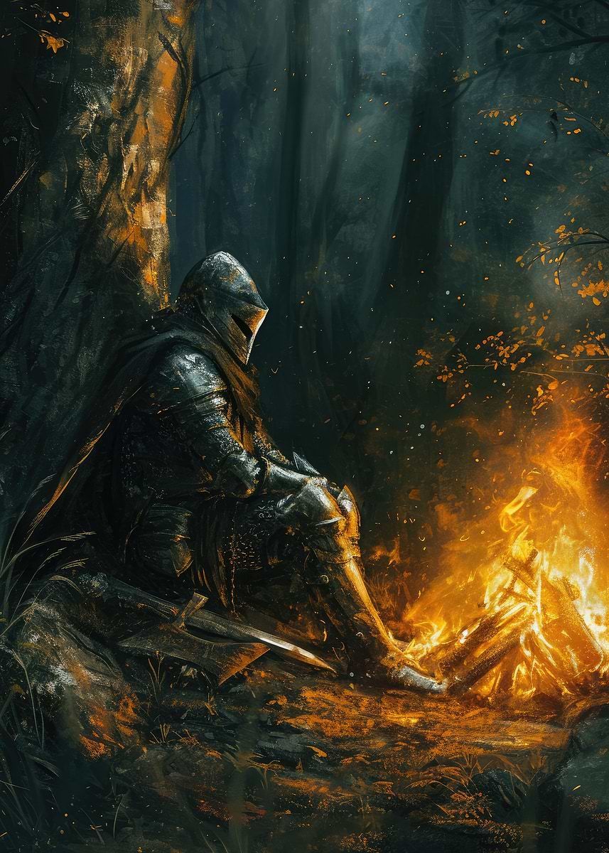 857x1200 Knight resting at Bonfire' Poster, picture, metal print, paint