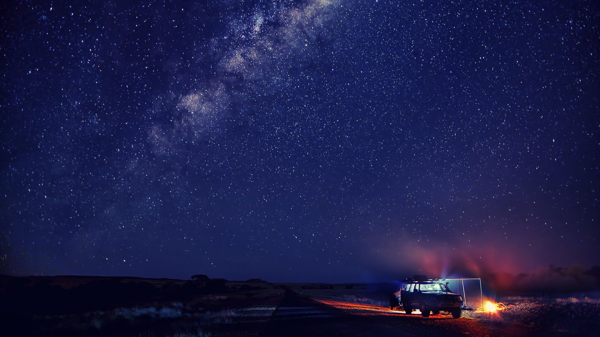 1920x1080 Blue Sky With Stars And A Car On Side Of Road During Nighttime HD Space Wallpaper