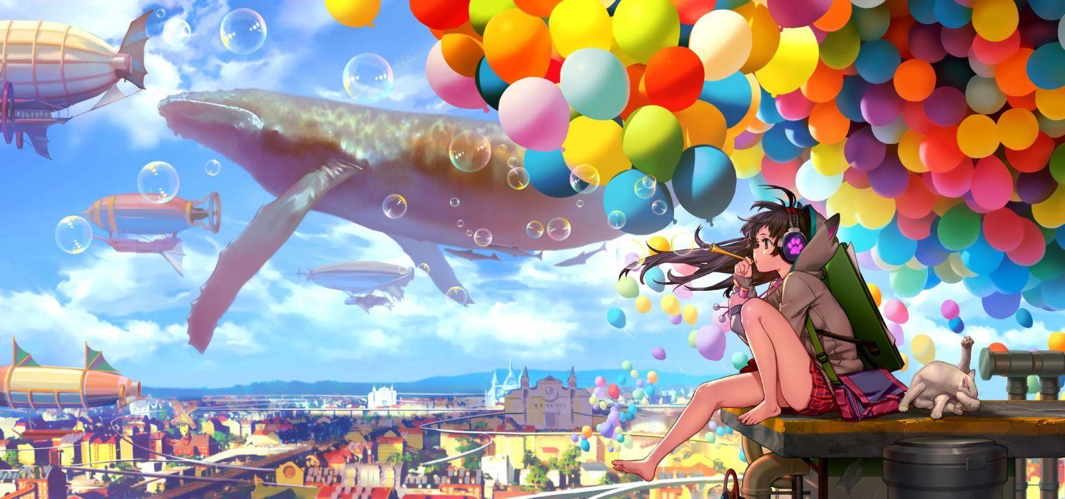 1493x700 Anime girls aircraft barefoot bubbles cat city clouds wallpaper