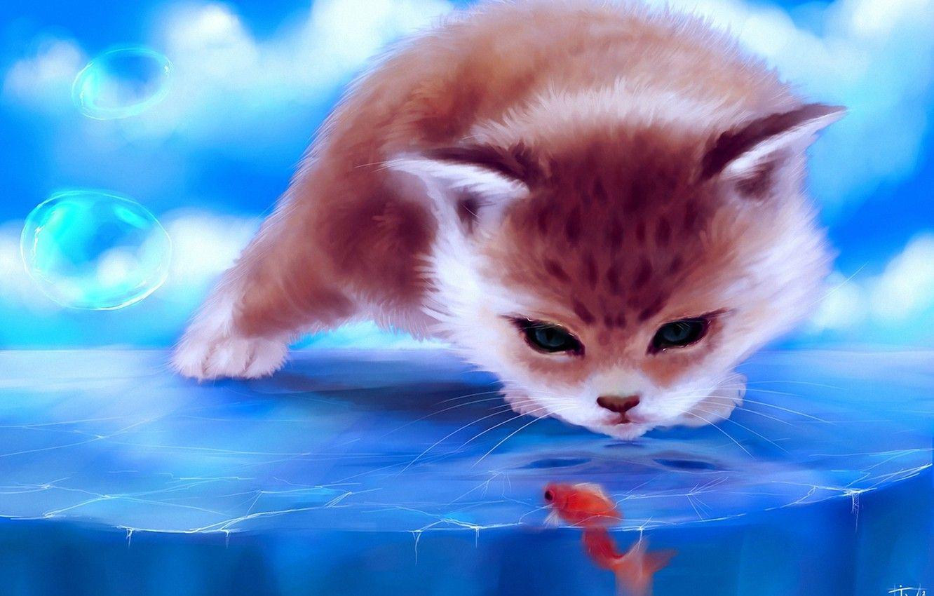 1332x850 Wallpaper ice, cat, bubbles, fish, fish, art image for desktop