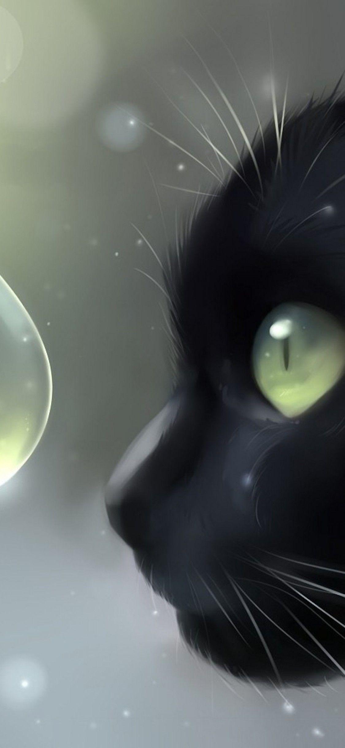 1125x2436 Download 1125x2436 Black Cat, Cute, Artwork, Profile View, Bubbles