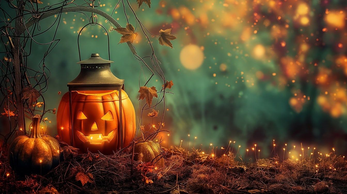 1344x753 Free picture: A magical Halloween pumpkin lantern with a candle inside