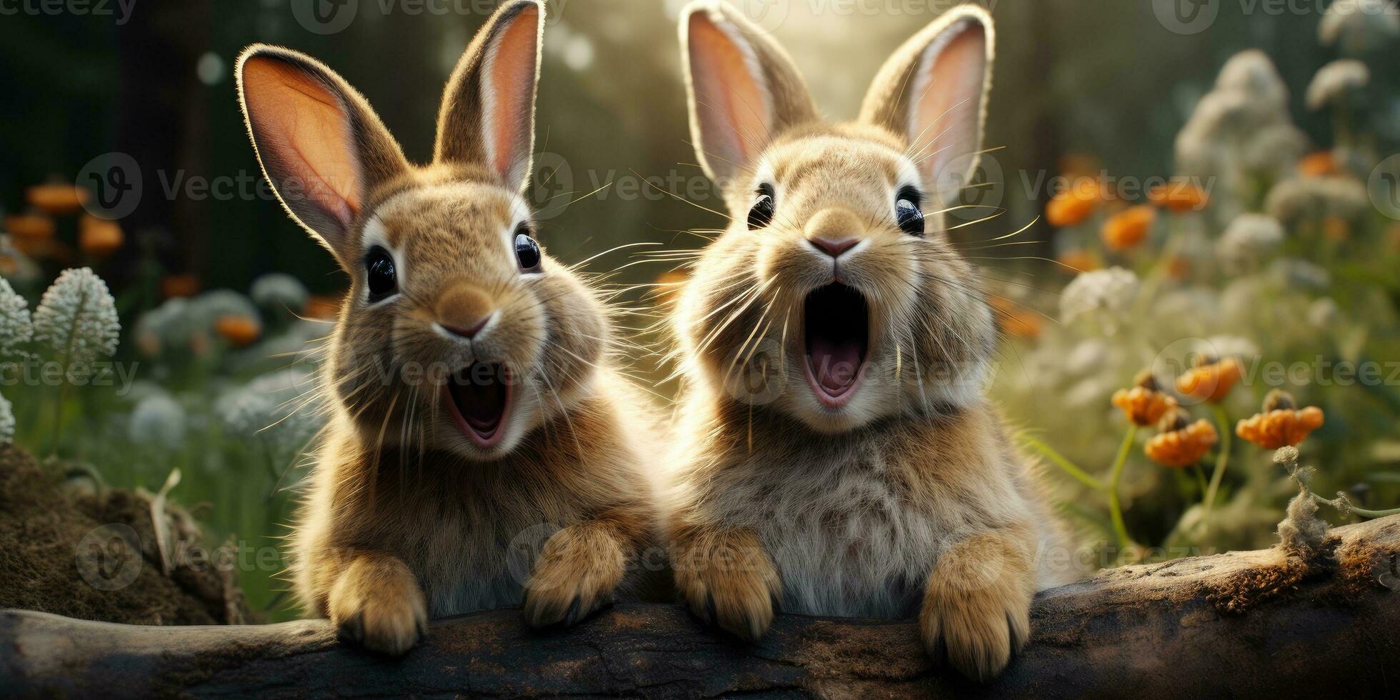 1960x980 Cute and funny rabbits look into camera lens. Animal world. Generative AI