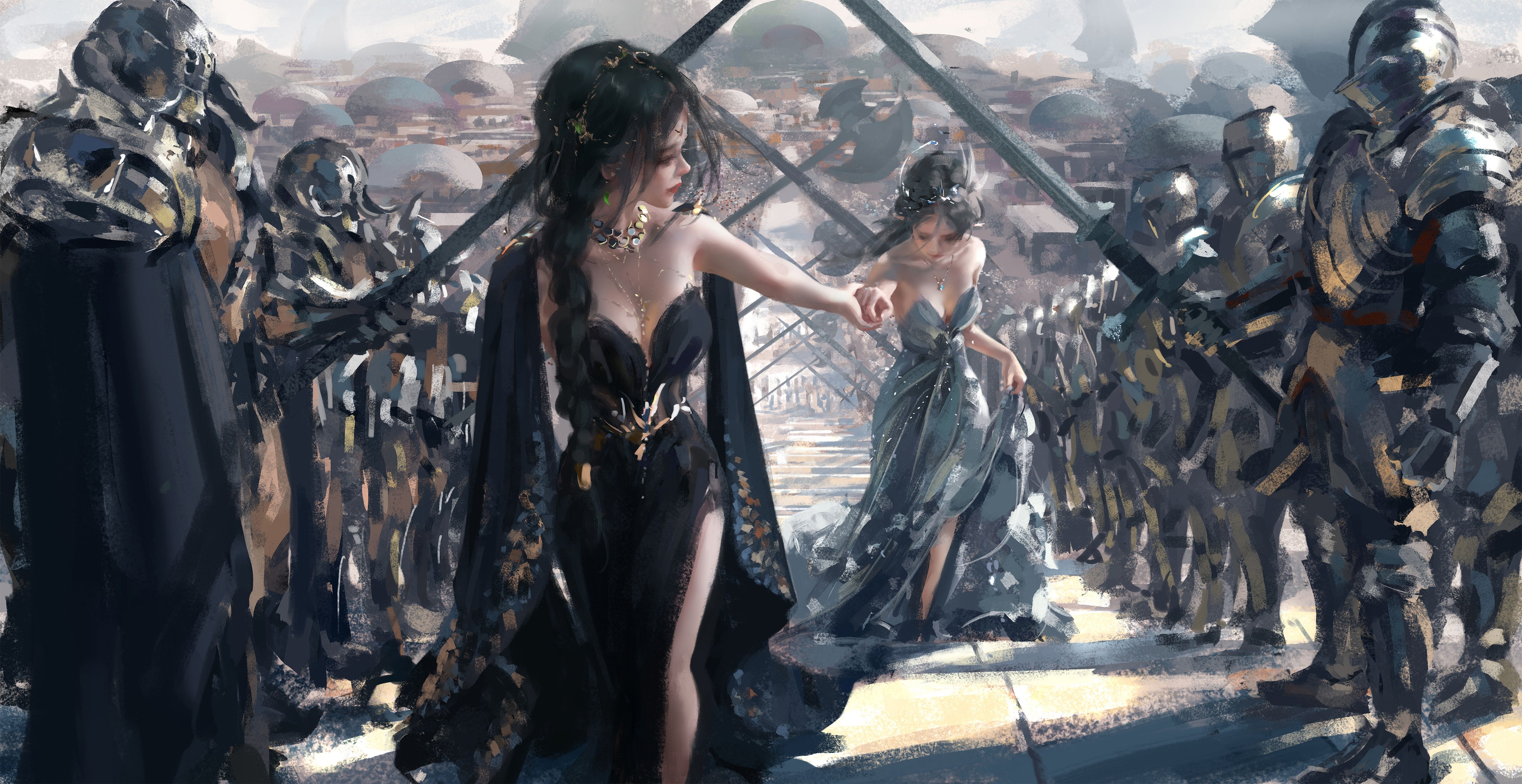 5440x2804 Wallpaper girl, fantasy, armor, girls, digital art, knights, artwork, princess for mobile and desktop, section фантастика, resolution 5440x2804