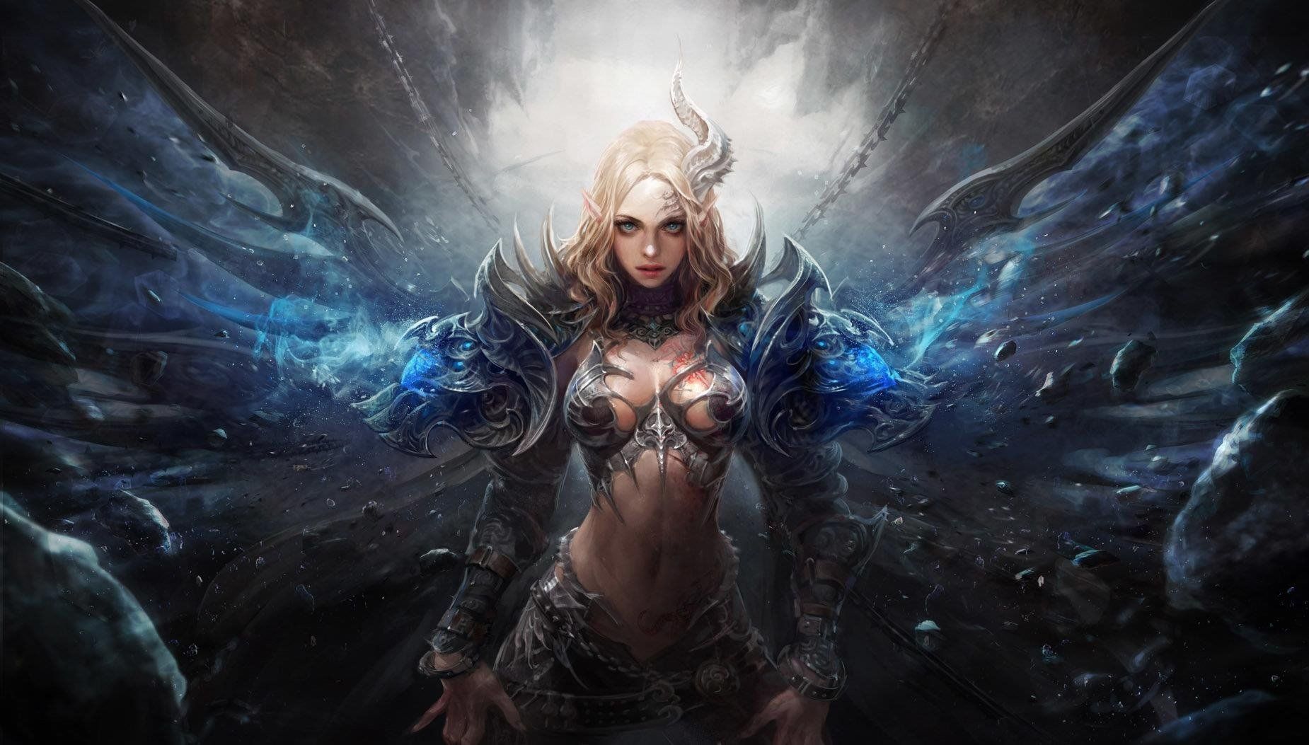1850x1053 knight, Fantasy, Girl, Character, Beautiful, Long, Hair, Woman Wallpaper HD / Desktop and Mobile Background
