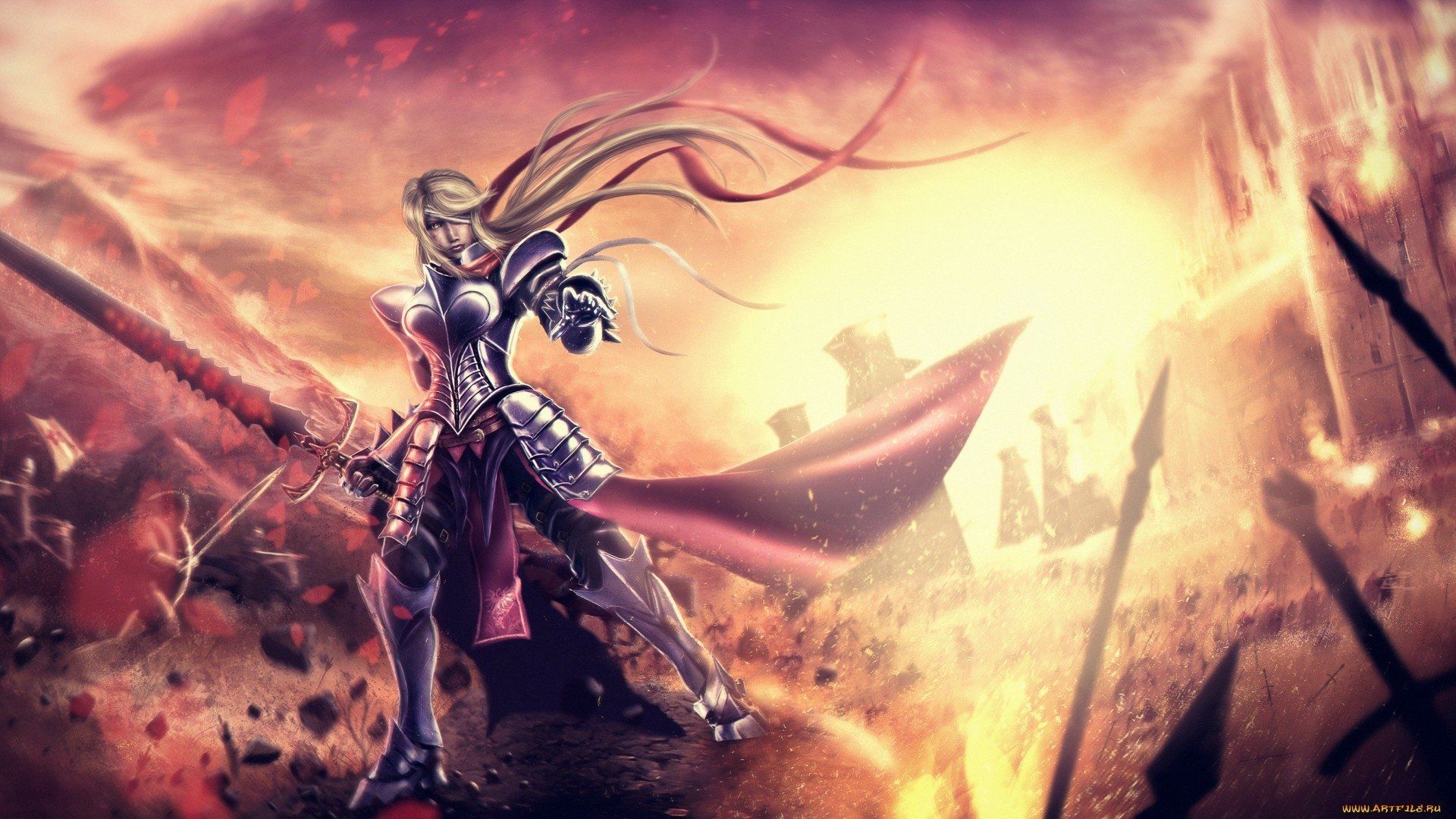1920x1080 Fiery Battle: The Armored Woman Knight's Fantasy Sword Duel