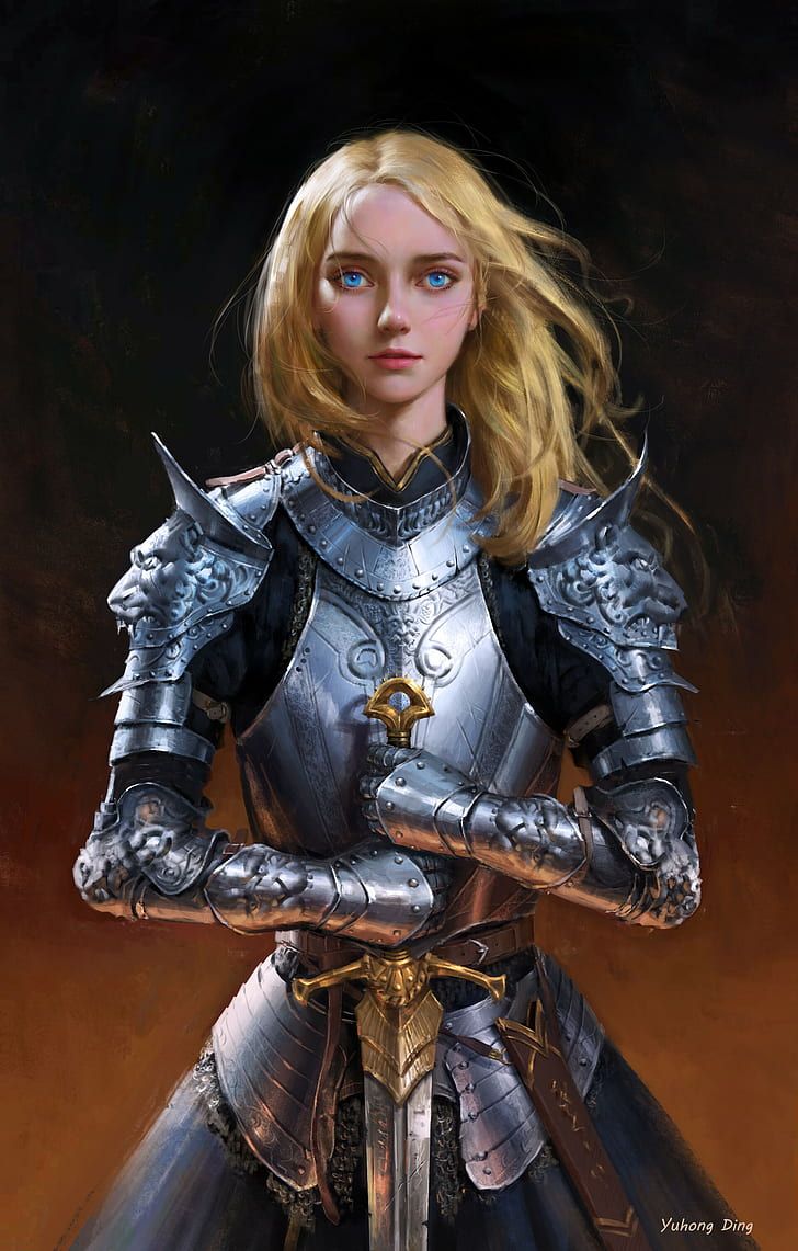 728x1141 HD wallpaper: artwork, women, blonde, long hair, armor, sword, warrior, knight