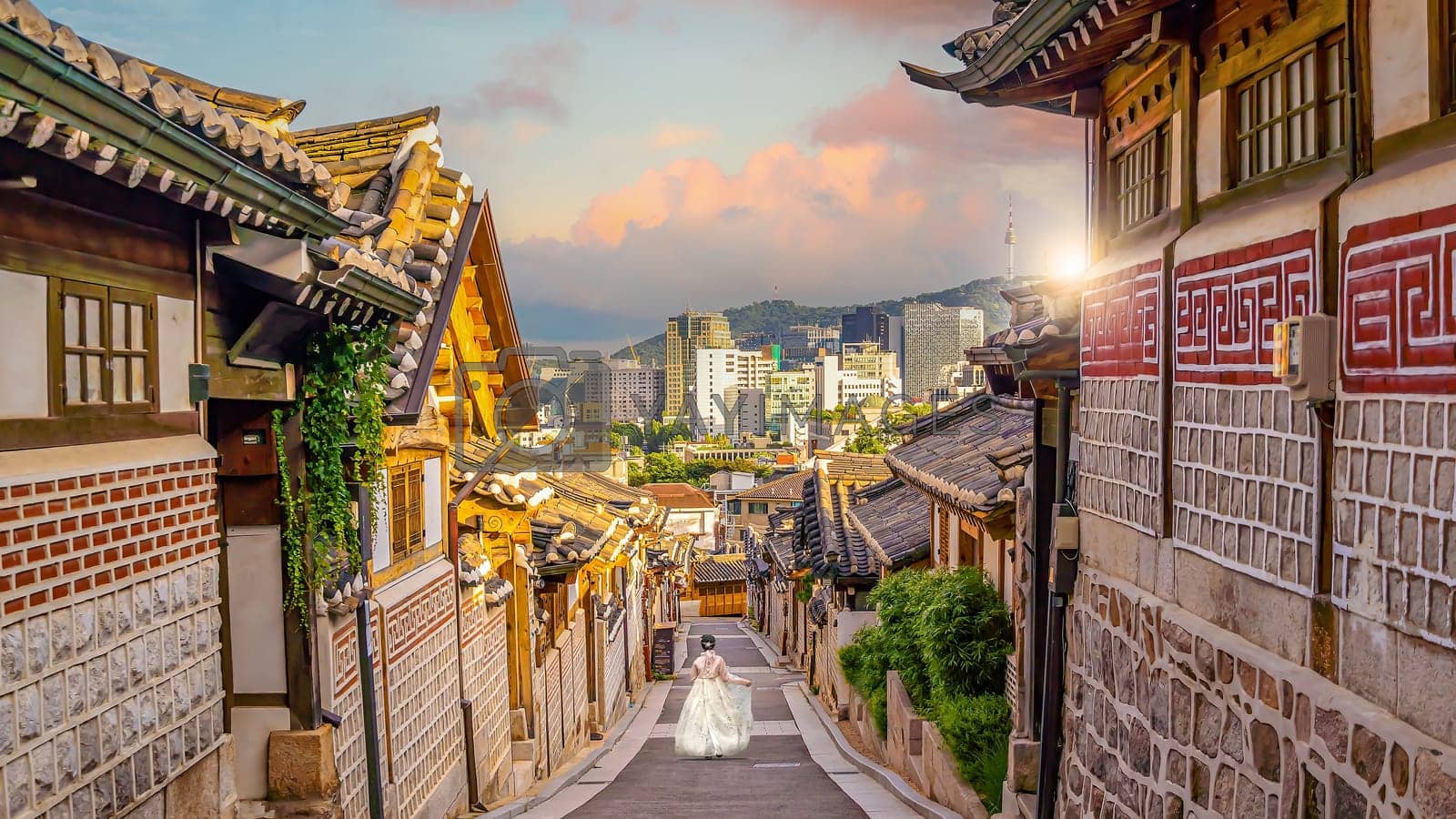 1600x900 Bukchon Hanok Village with Seoul city skyline, cityscape of South Korea by f11photo Vectors & Illustrations with Unlimited Downloads