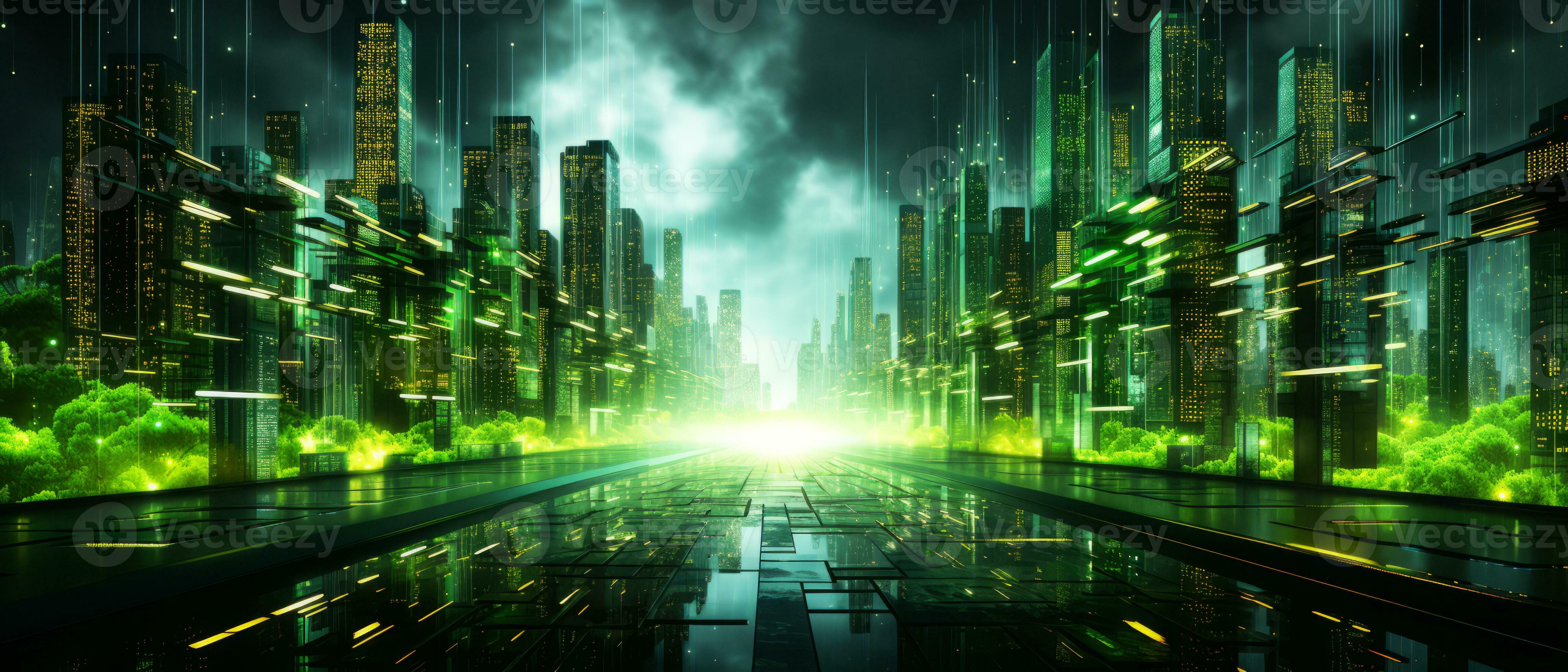 4573x1960 Abstract Technology Digital Hi Tech City Concept Background. AI Generated