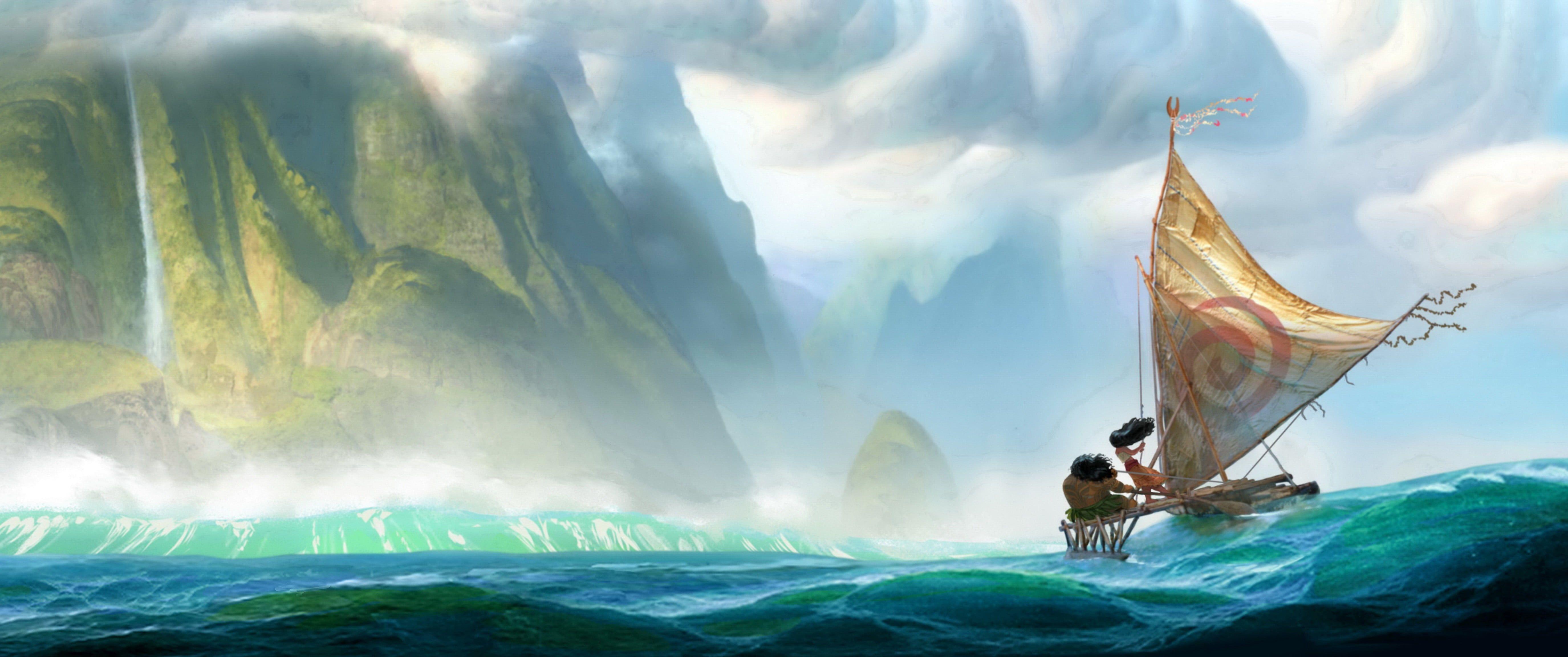 5500x2305 Disney Moana digital wallpaper, Moana, landscape, sea, boat HD