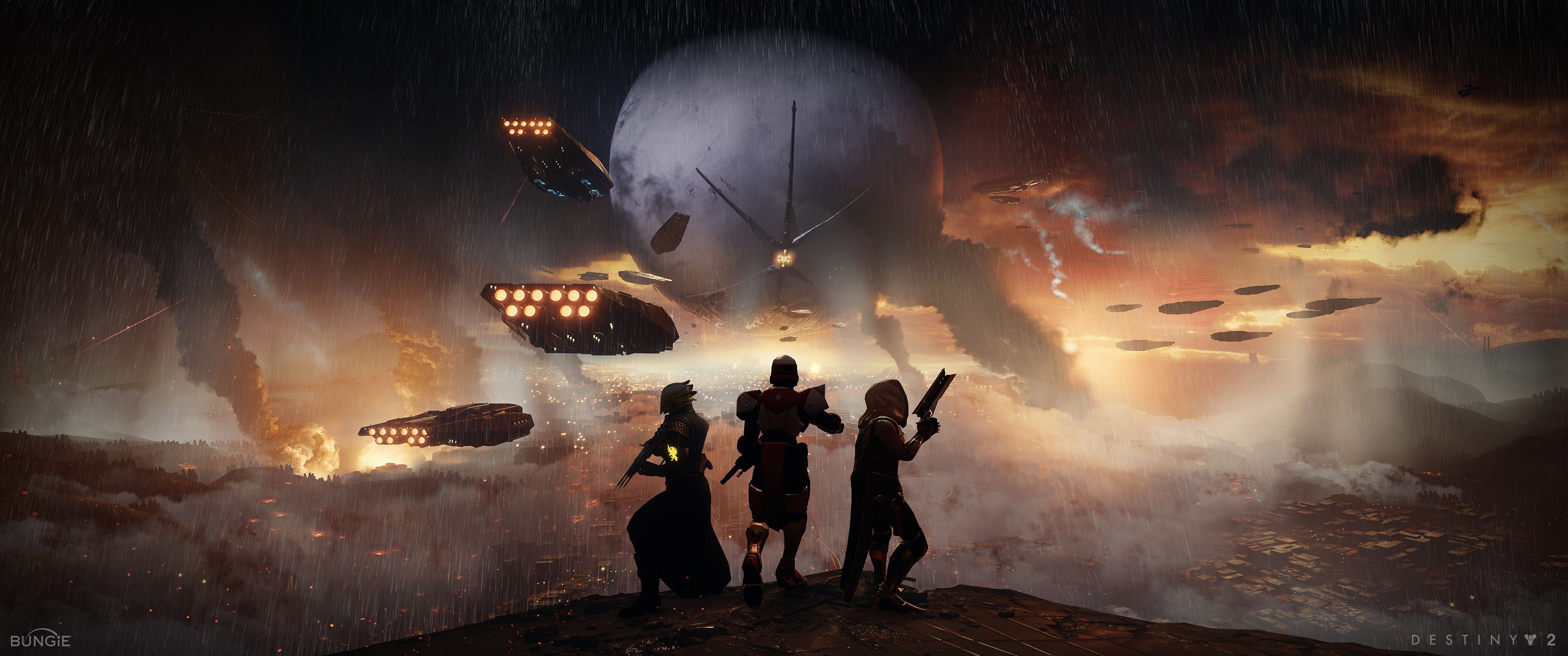 3440x1440 Desktop wallpaper: Destiny Futuristic, Destiny, Planet, Video Game, Rain, Spaceship, Warrior 4K free download for PC. 417650