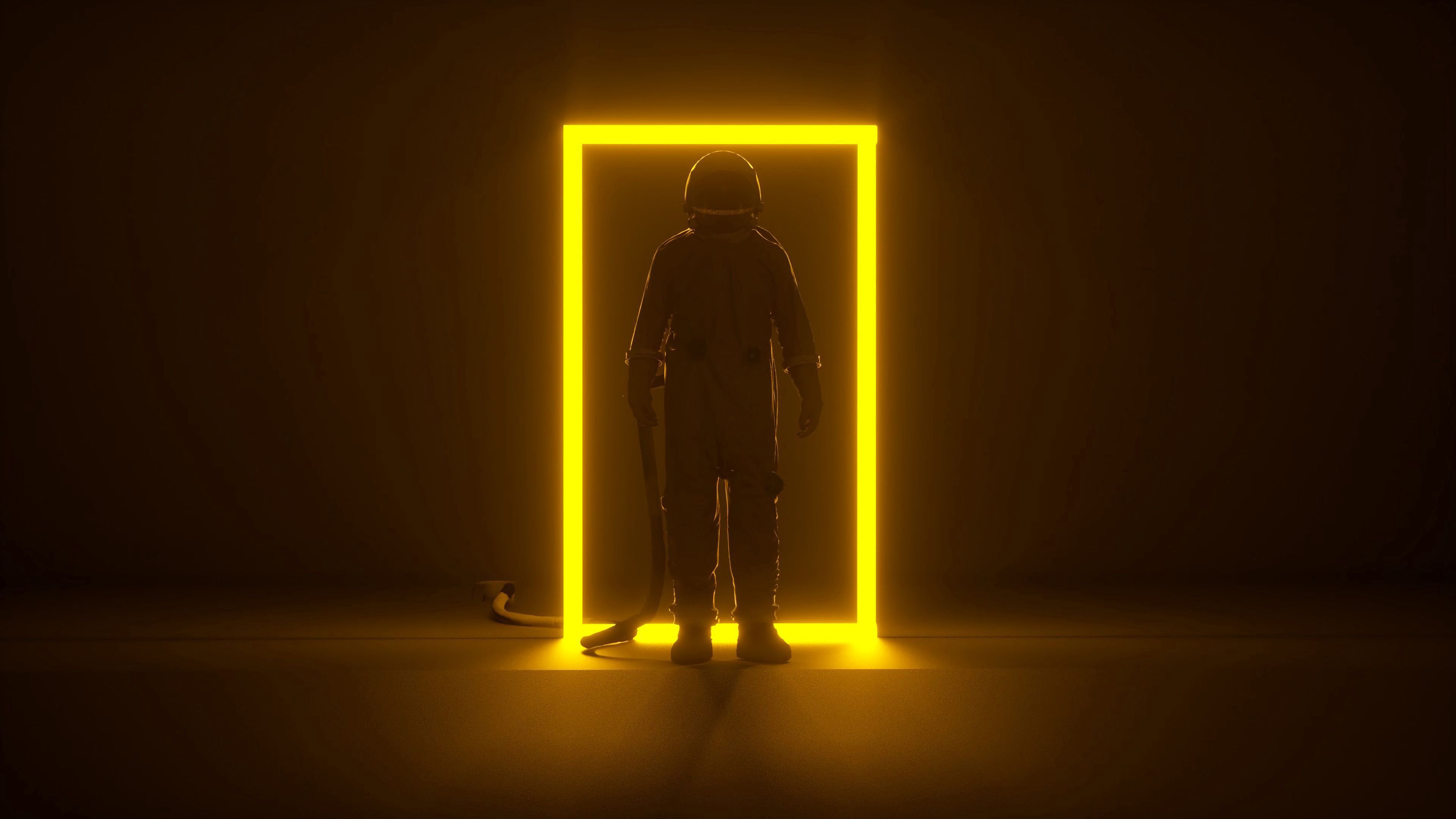 3840x2160 Astronaut Portal Neon Frame Glow Dark 4K HD Creative Wallpaper