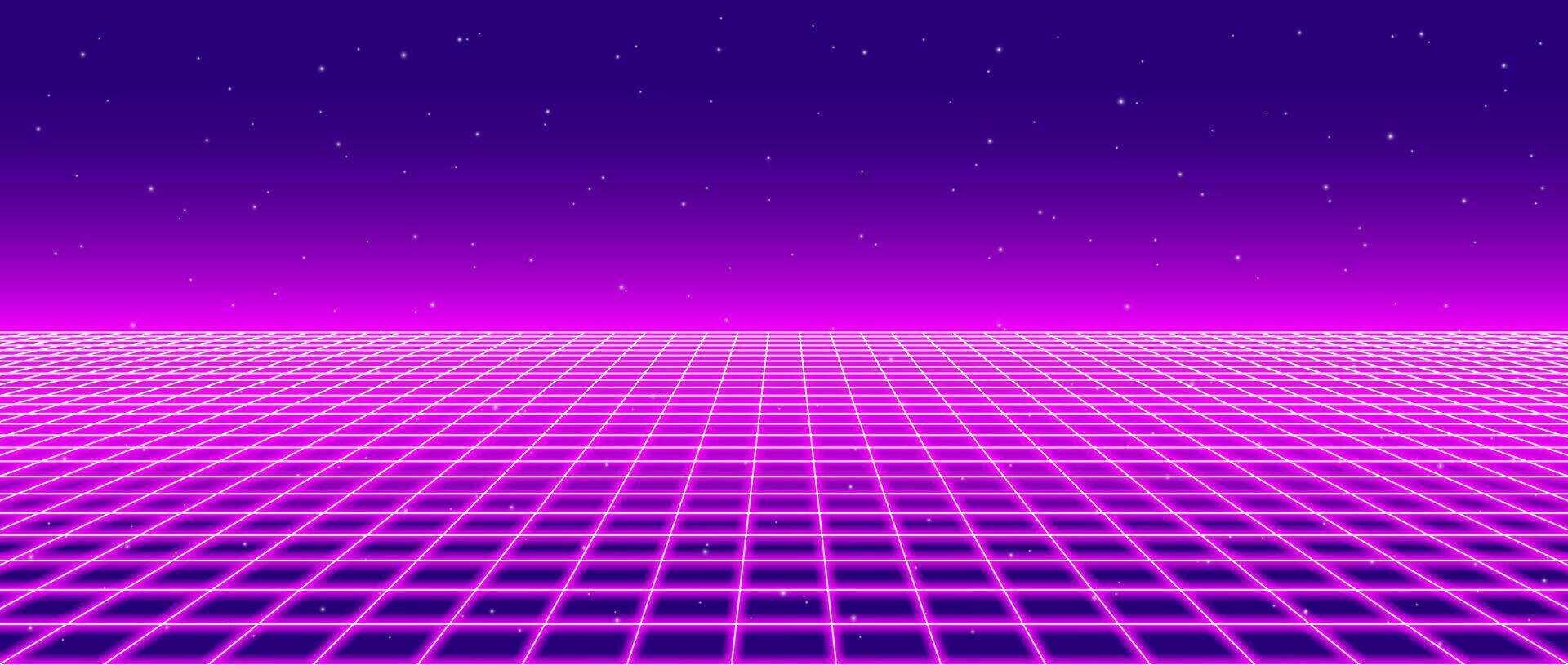1920x815 Neon wireframe horizon background. Light pink grid room floor in perspective. Glow magenta retro futuristic wallpaper. Abstract checkered plane landscape. Neon game floor surface