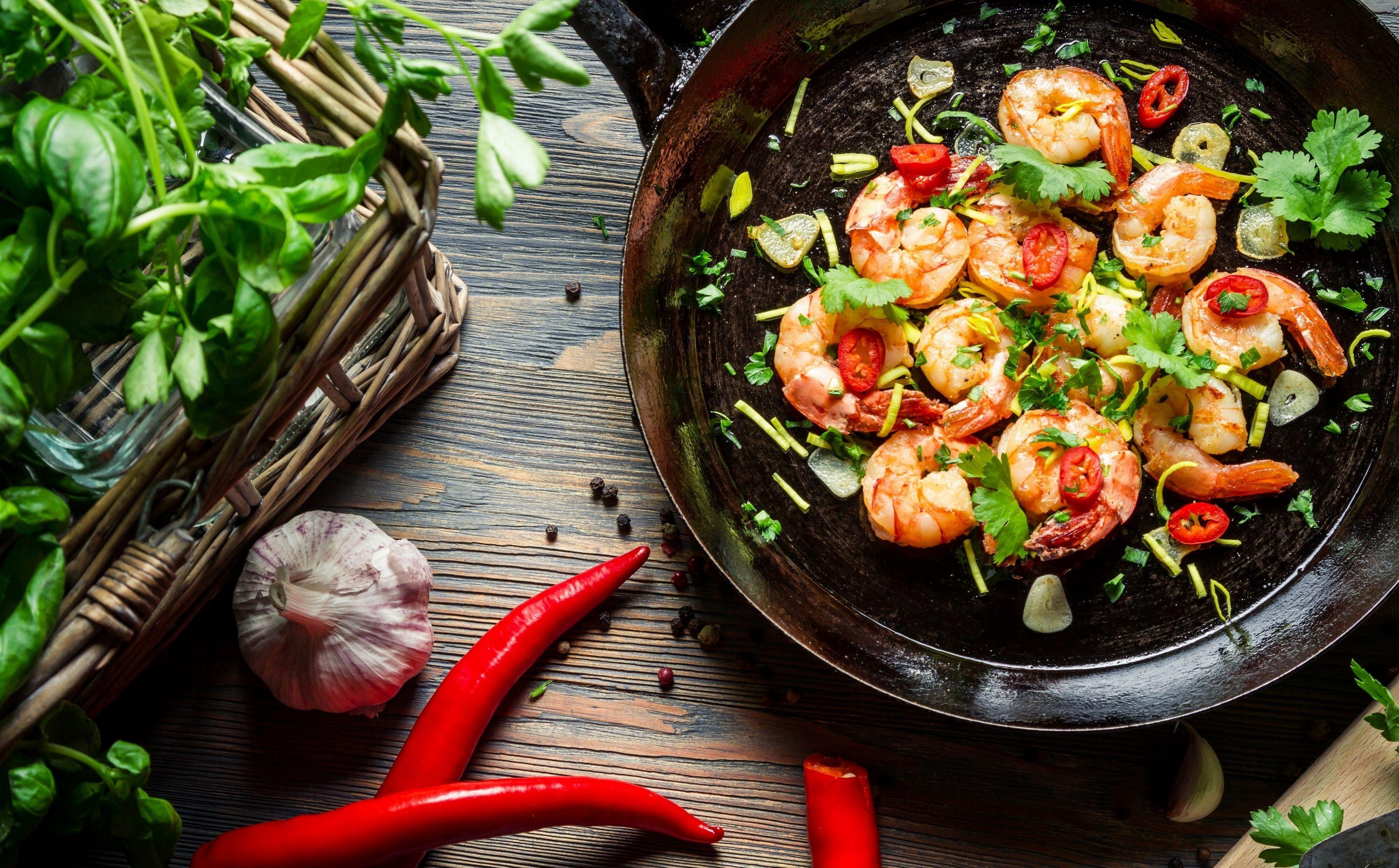 3600x2235 Shrimp pepper chili garlic herbs pan wallpaperx2235