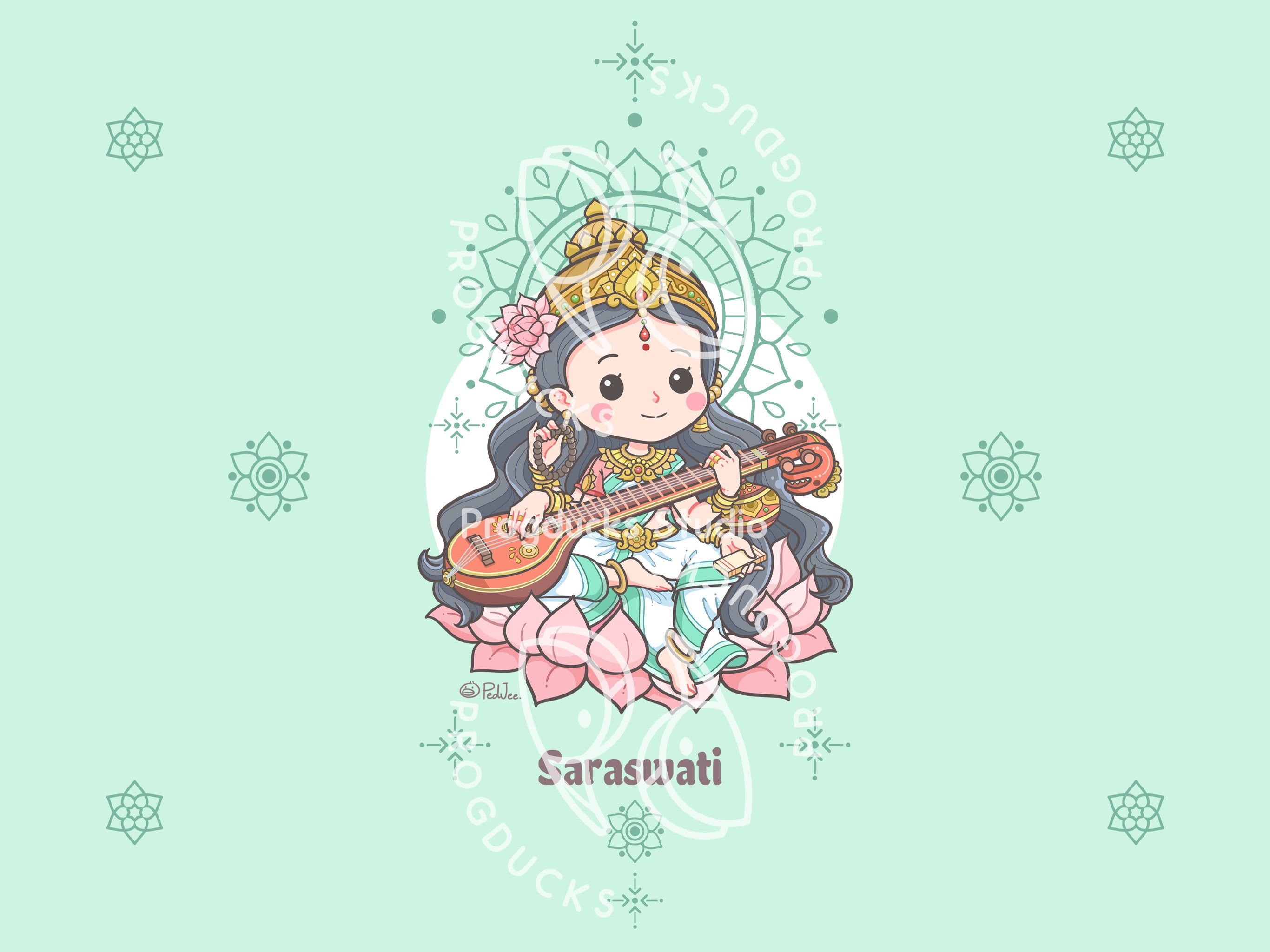 2732x2048 Chibi Hindu Goddess Saraswati Wallpaper Pastel Colors (PNG Digital Download)